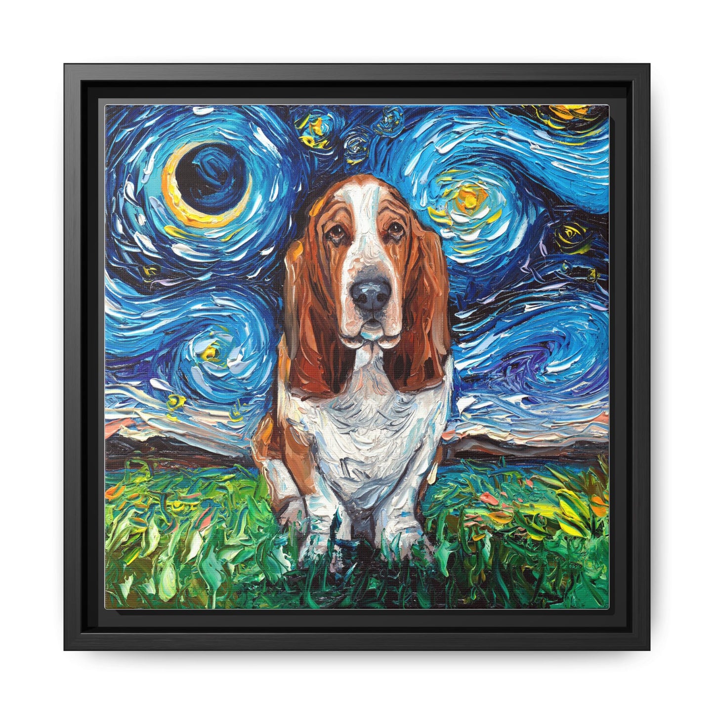 "Basset Hound Night" Framed Canvas Wall Art