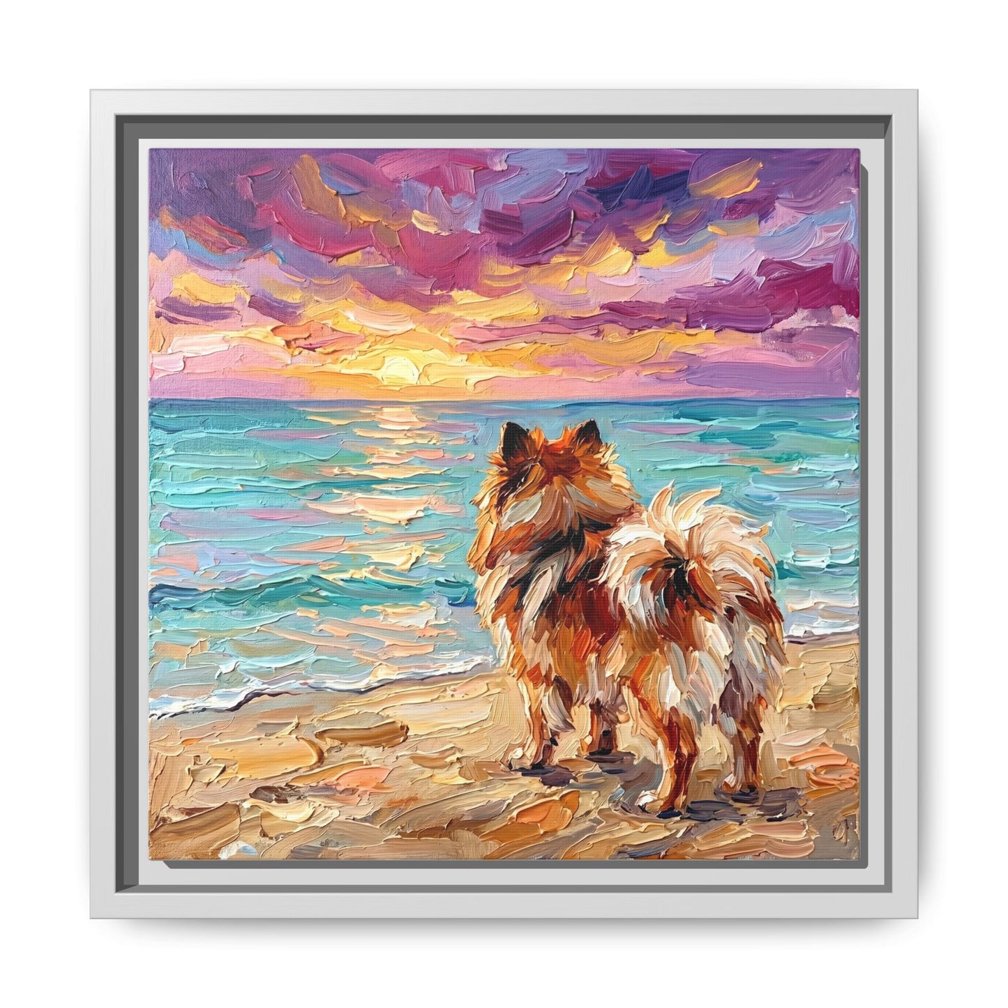 "Beach Sunset - Pomeranian" Framed Canvas Wall Art