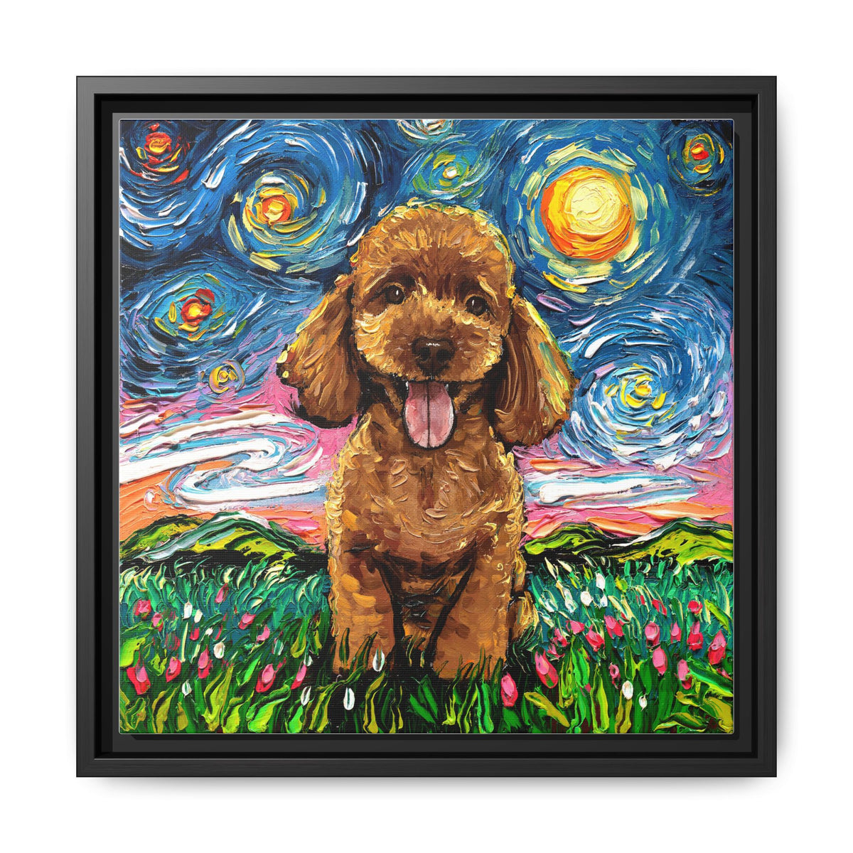 "Apricot Poodle Puppy Night" Framed Canvas Wall Art