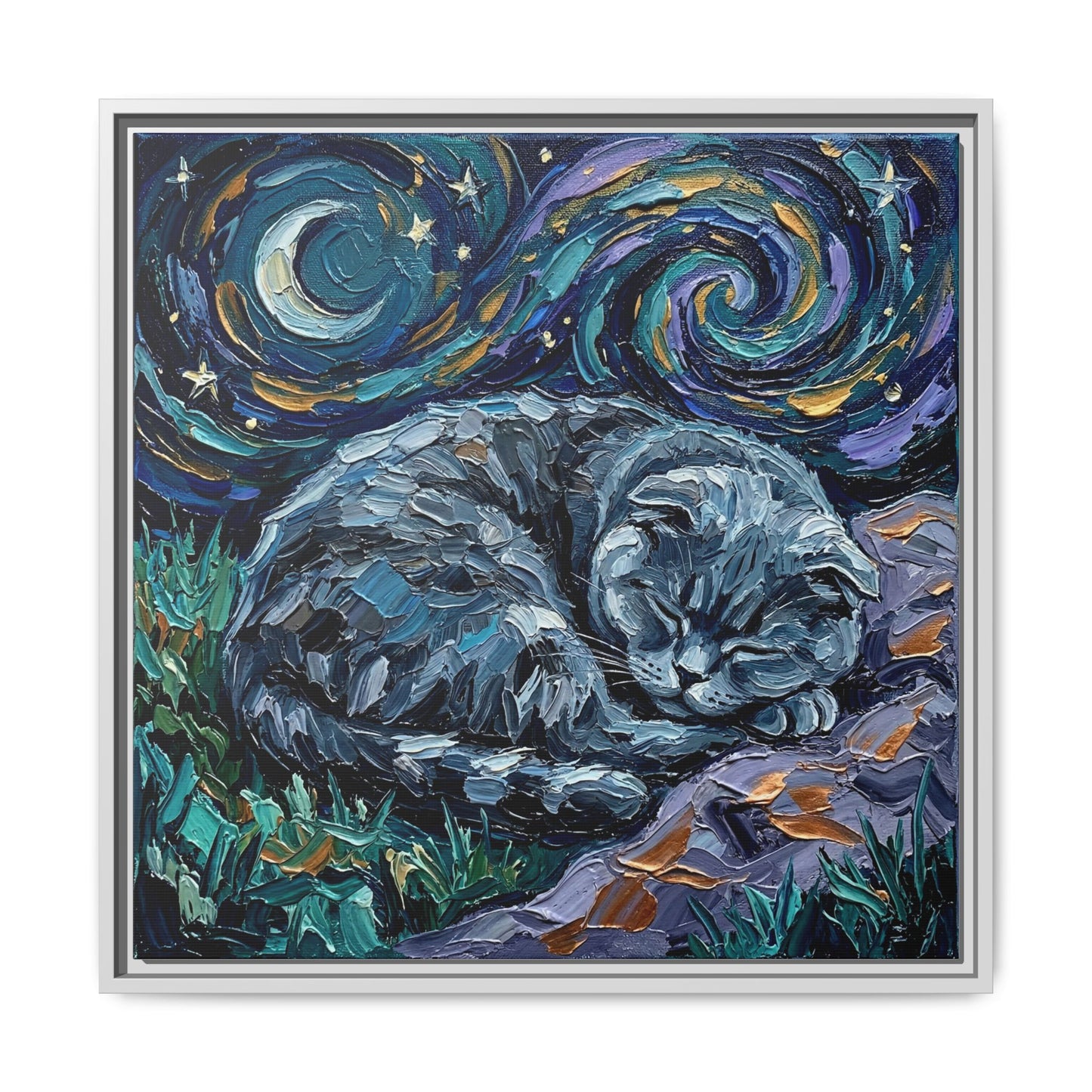 "Sleepy Scottish Fold Night" Framed Canvas Wall Art