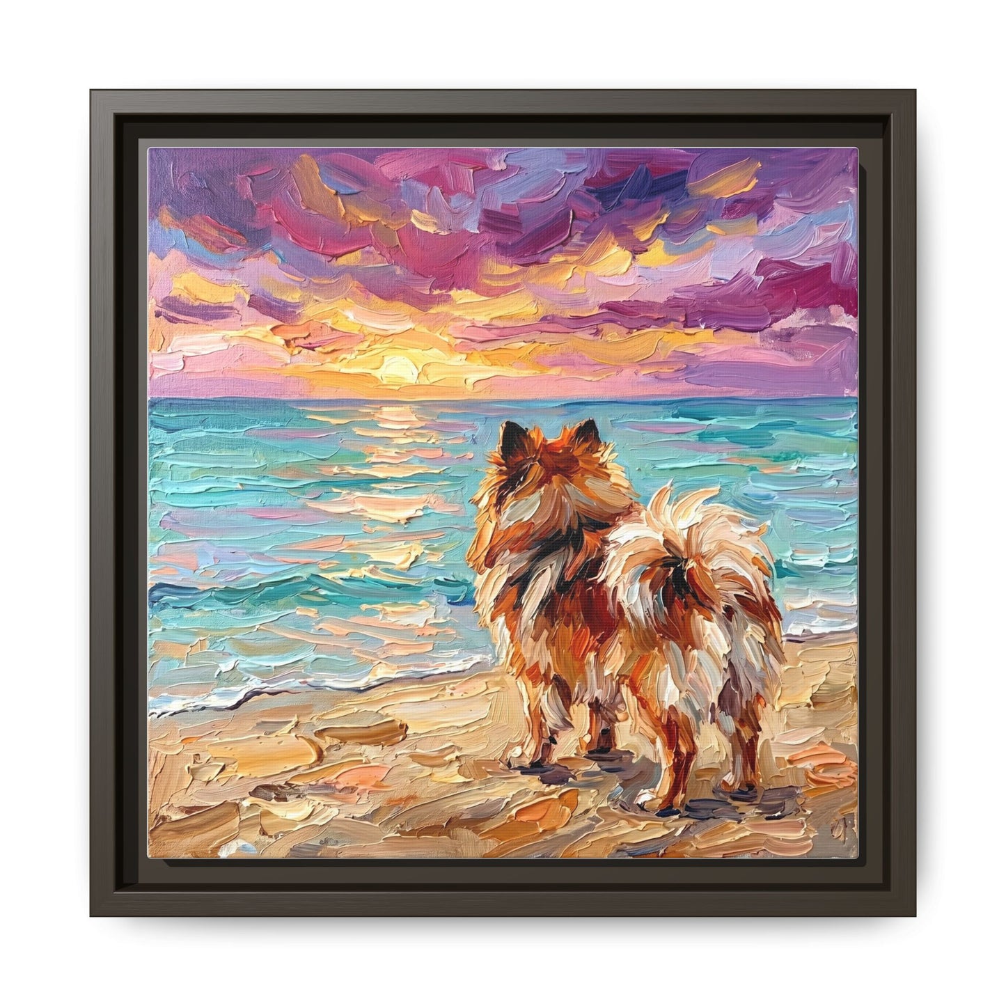 "Beach Sunset - Pomeranian" Framed Canvas Wall Art