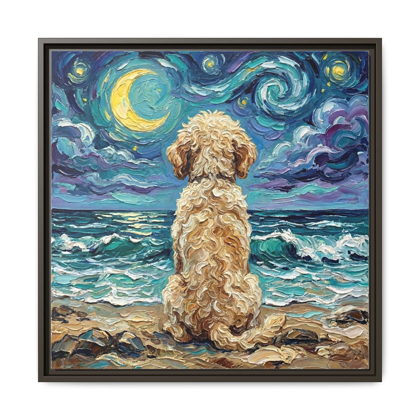 "Beach Nights - Goldendoodle" Framed Canvas Wall Art