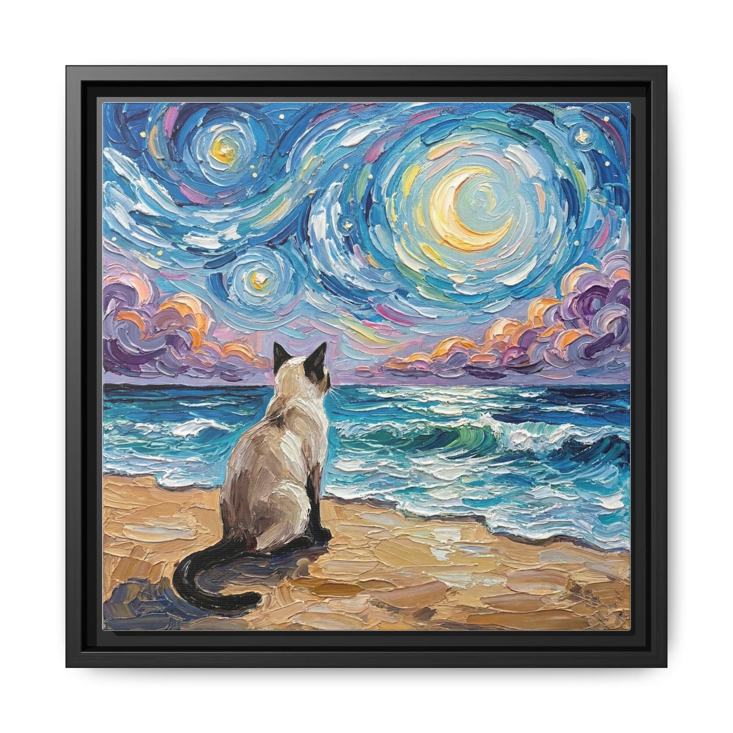 "Beach Night - Siamese Cat" Framed Canvas Wall Art