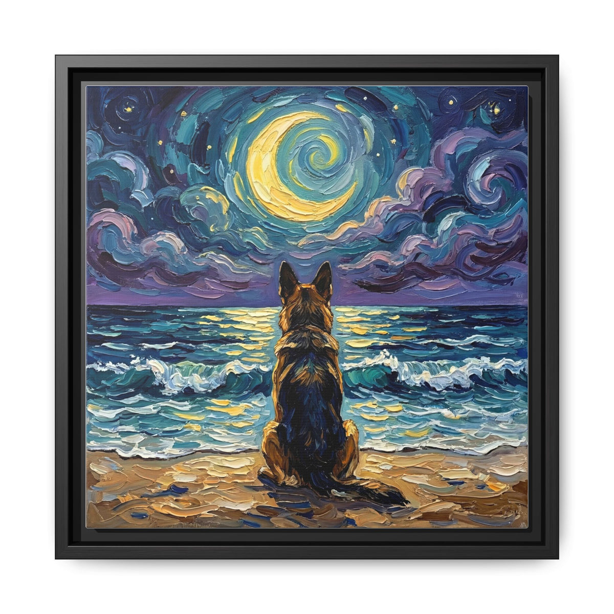 "Beach Night - German Shepherd" Framed Canvas Wall Art
