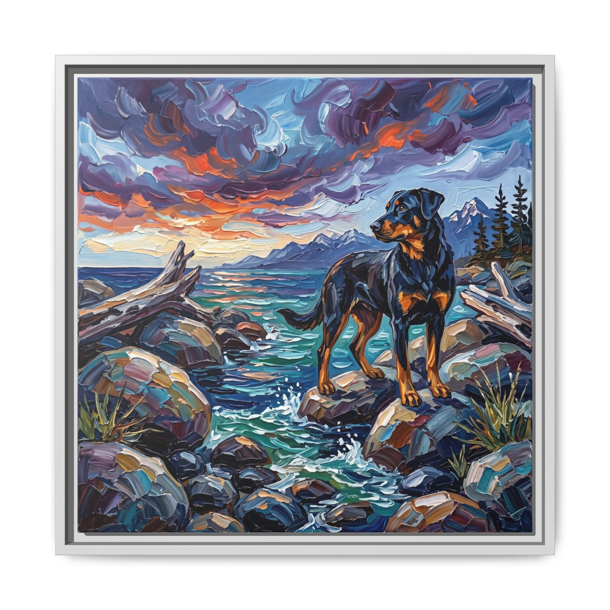 "Beach Day - Beauceron" Framed Canvas Wall Art