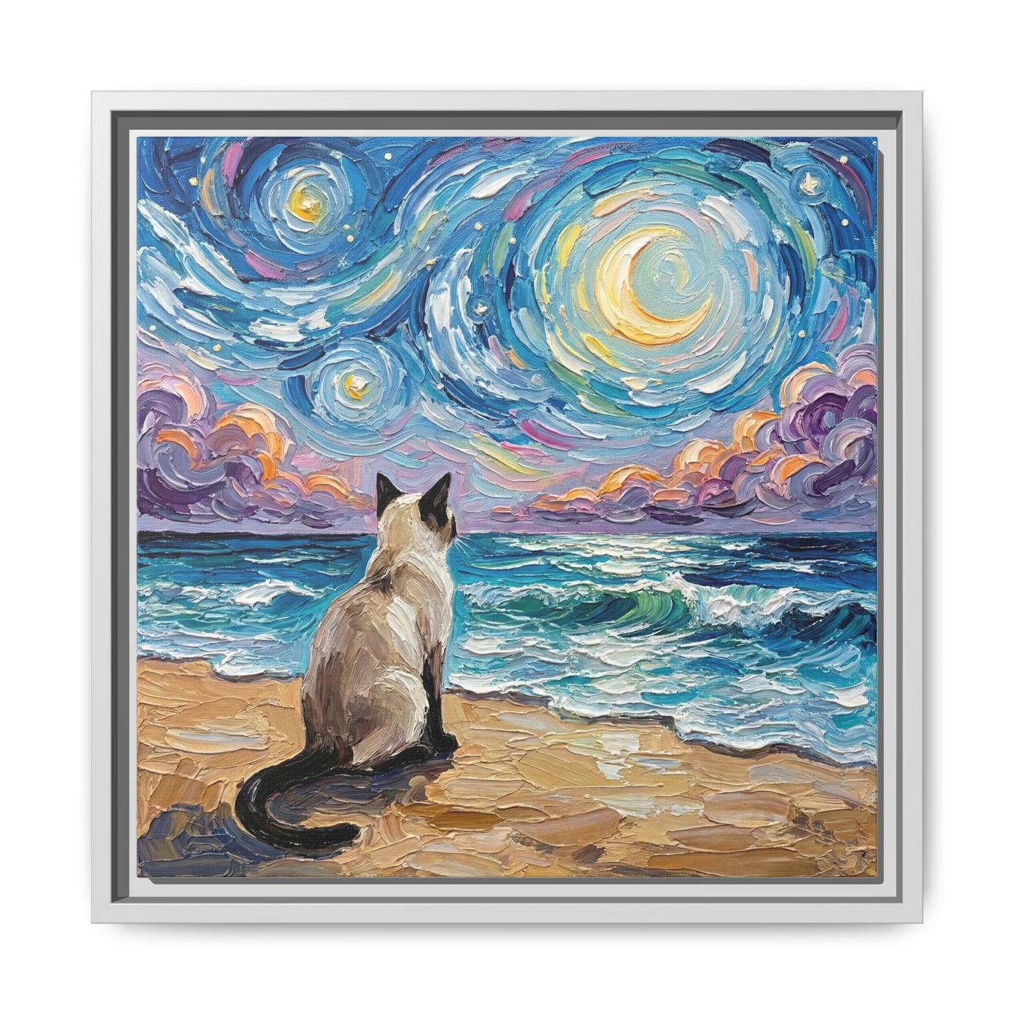 "Beach Night - Siamese Cat" Framed Canvas Wall Art