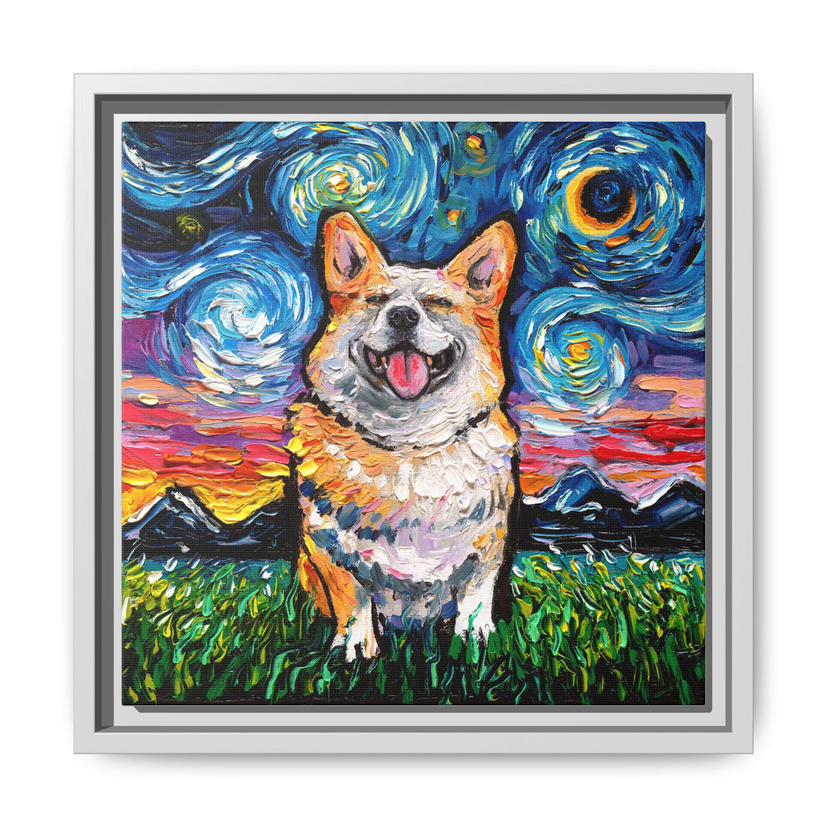 "Smiling Corgi Night" Framed Canvas Wall Art