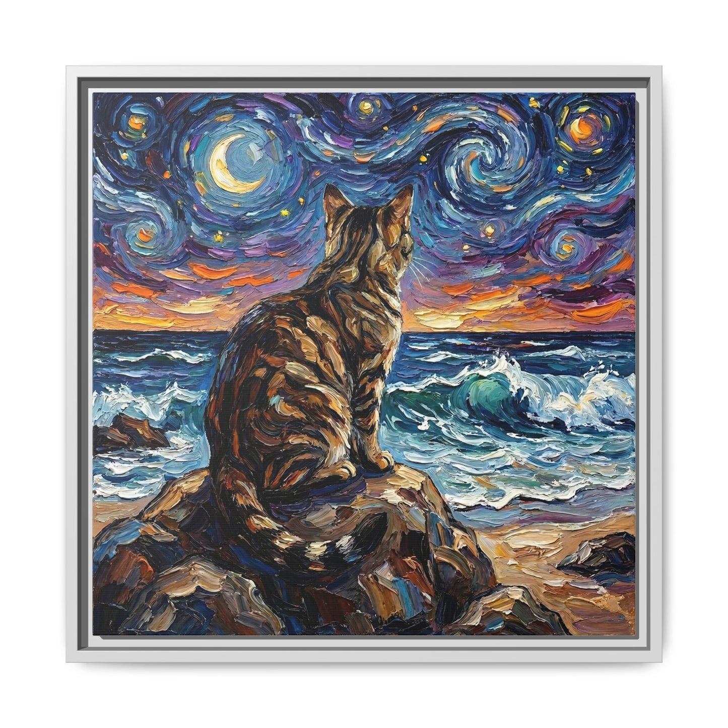 "Beach Night - Brown Tabby" Framed Canvas Wall Art