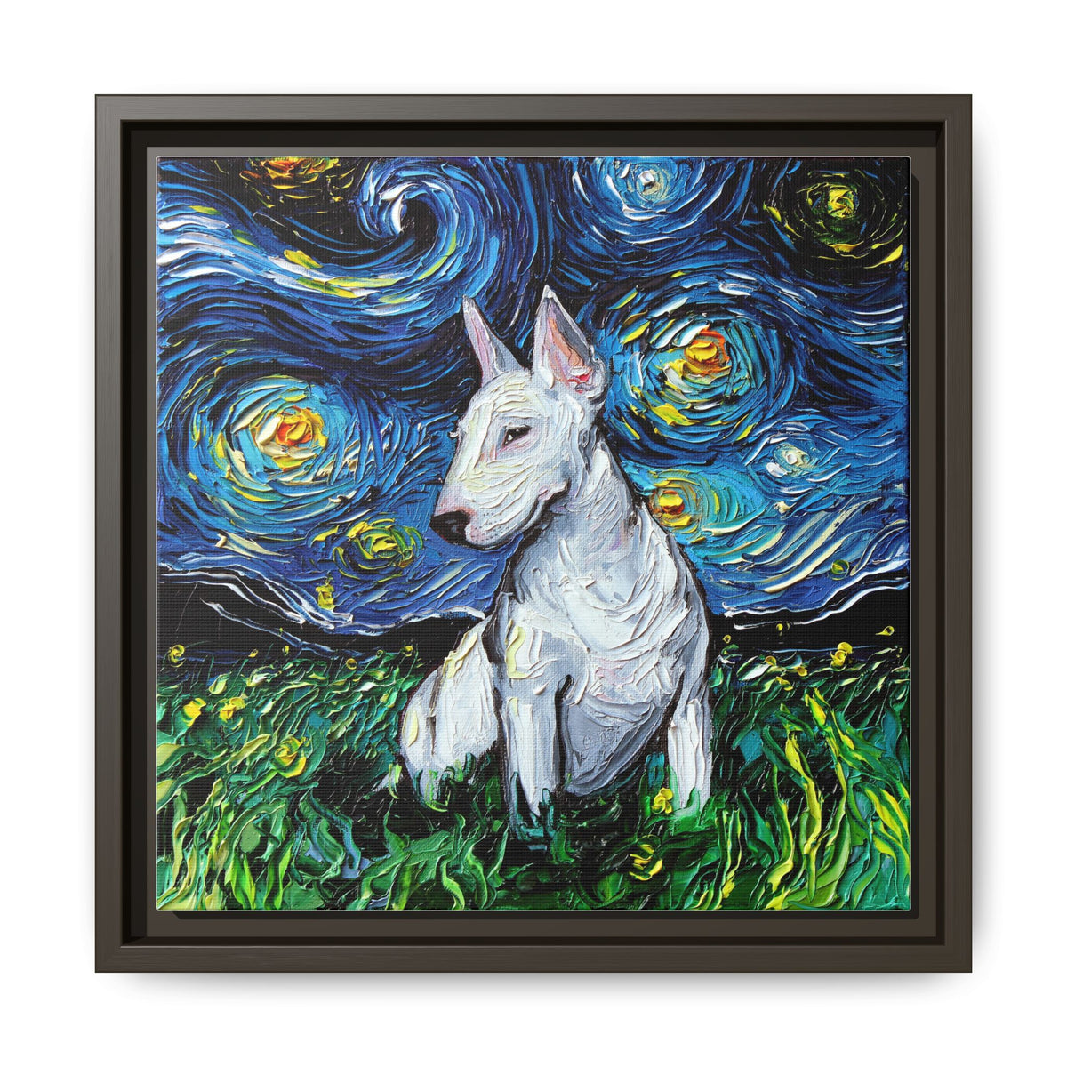 "Bull Terrier Night" Framed Canvas Wall Art