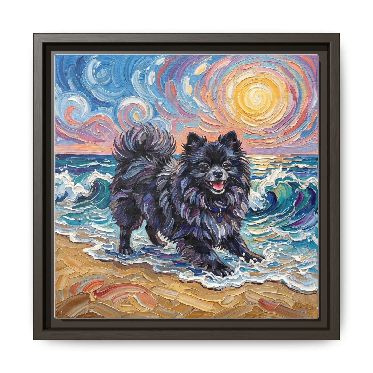 "Beach Day - Black Pomeranian" Framed Canvas Wall Art