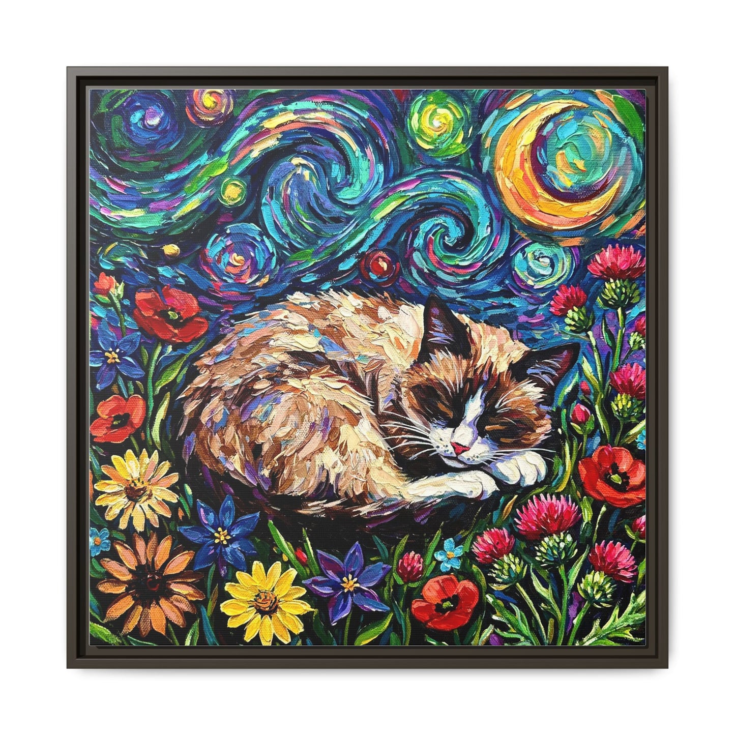 "Sleepy Snowshoe Cat Night" Framed Canvas Wall Art