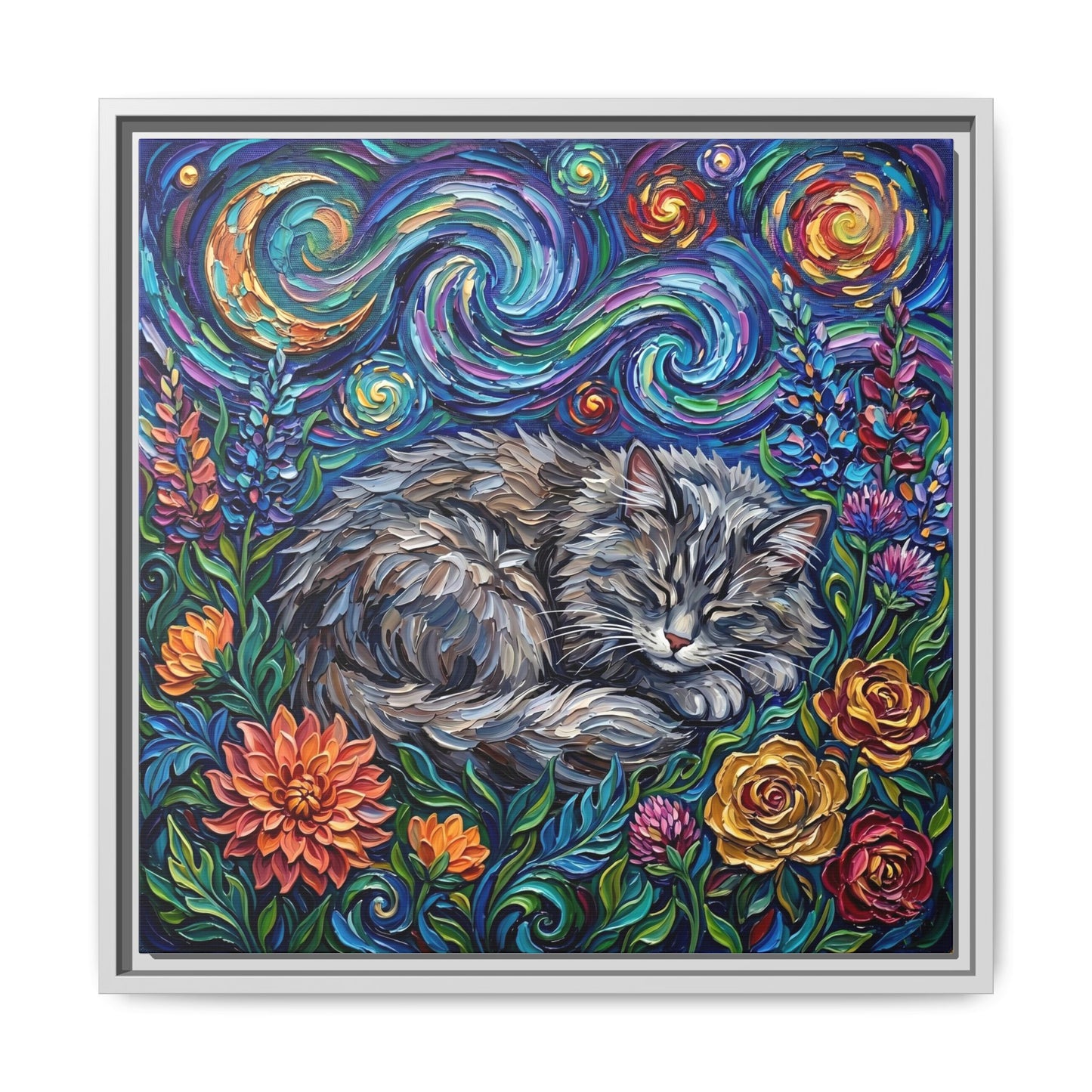 "Amongst The Flowers - Gray Domestic Long Haired Cat" Framed Canvas Wall Art