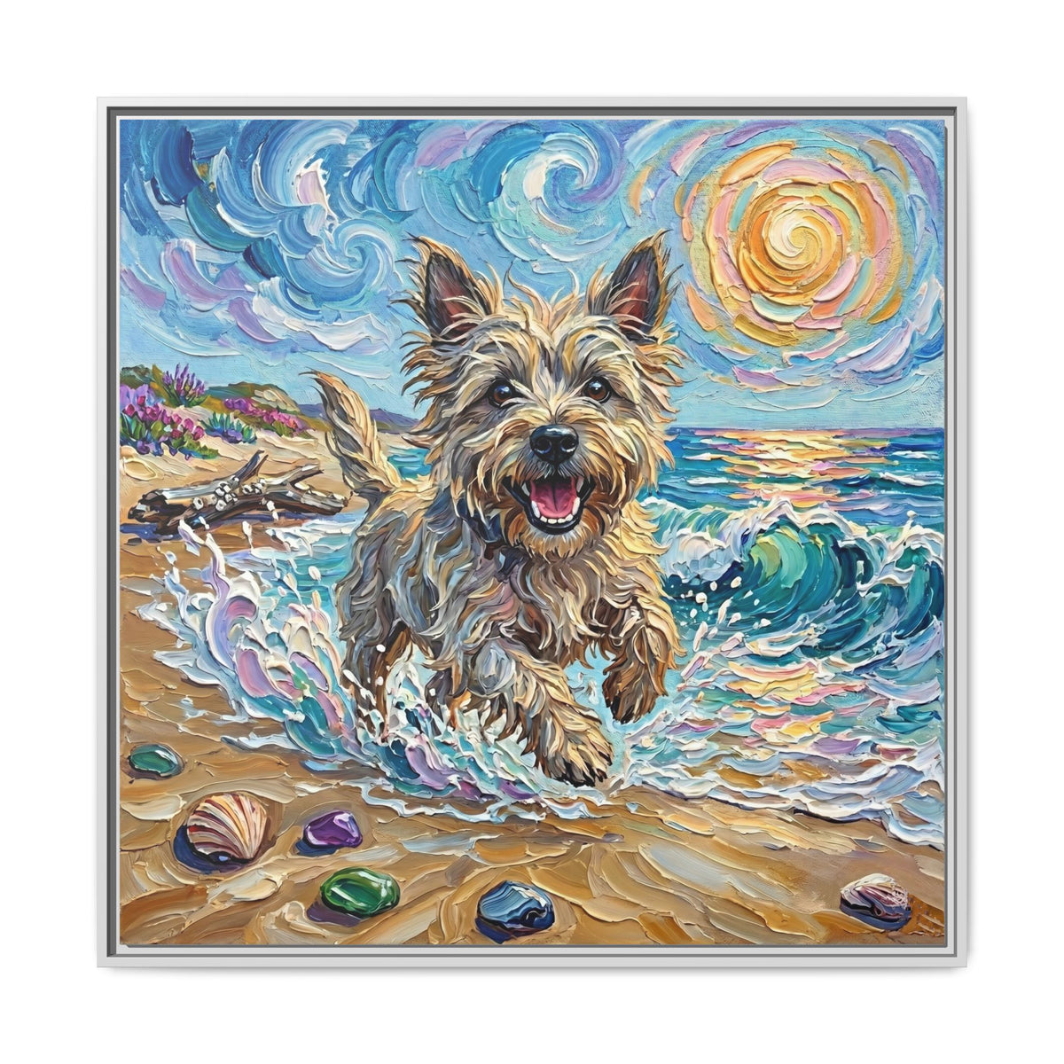 "Beach Days - Cairn Terrier" Framed Canvas Wall Art