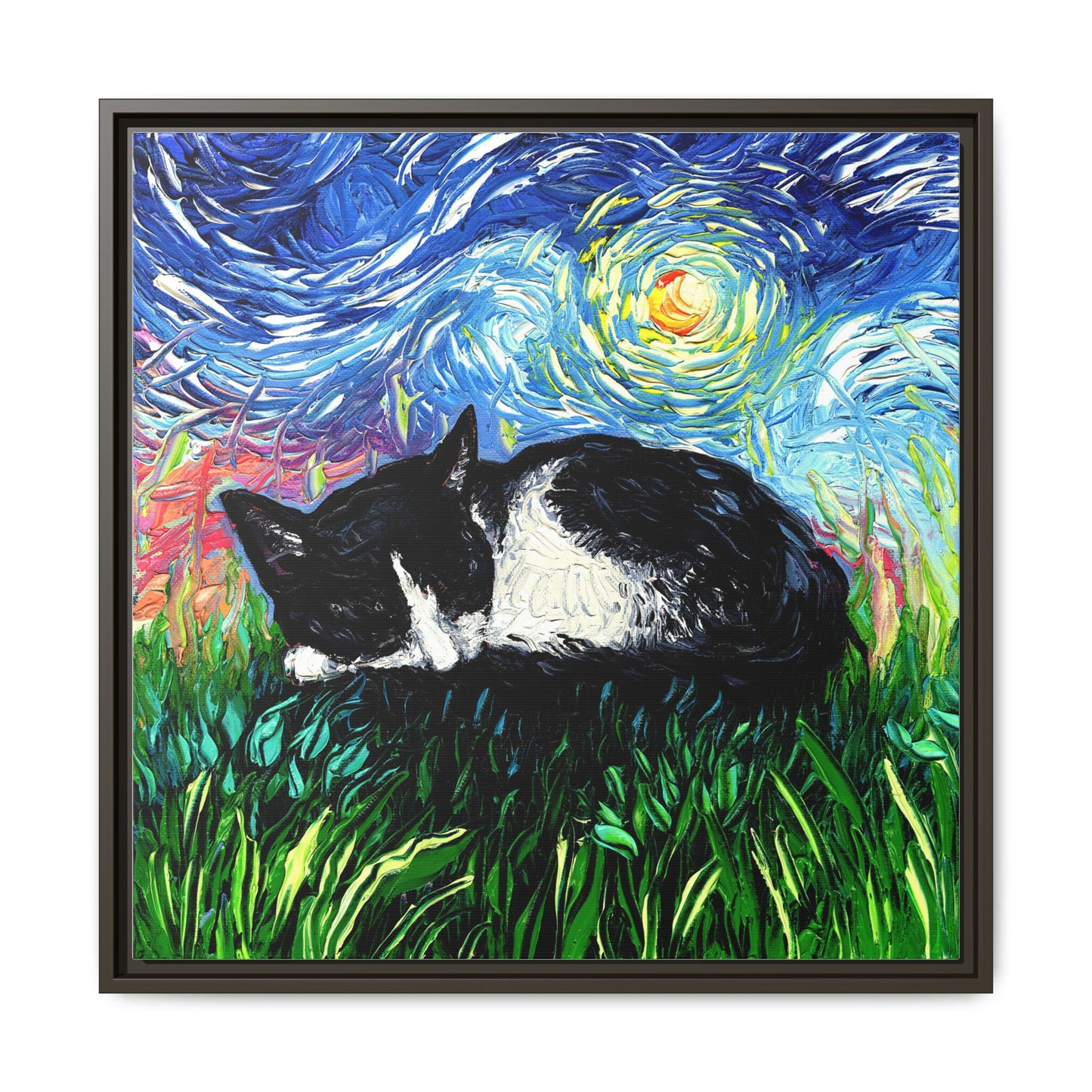 "Sleepy Tuxedo Kitten" Framed Canvas Wall Art