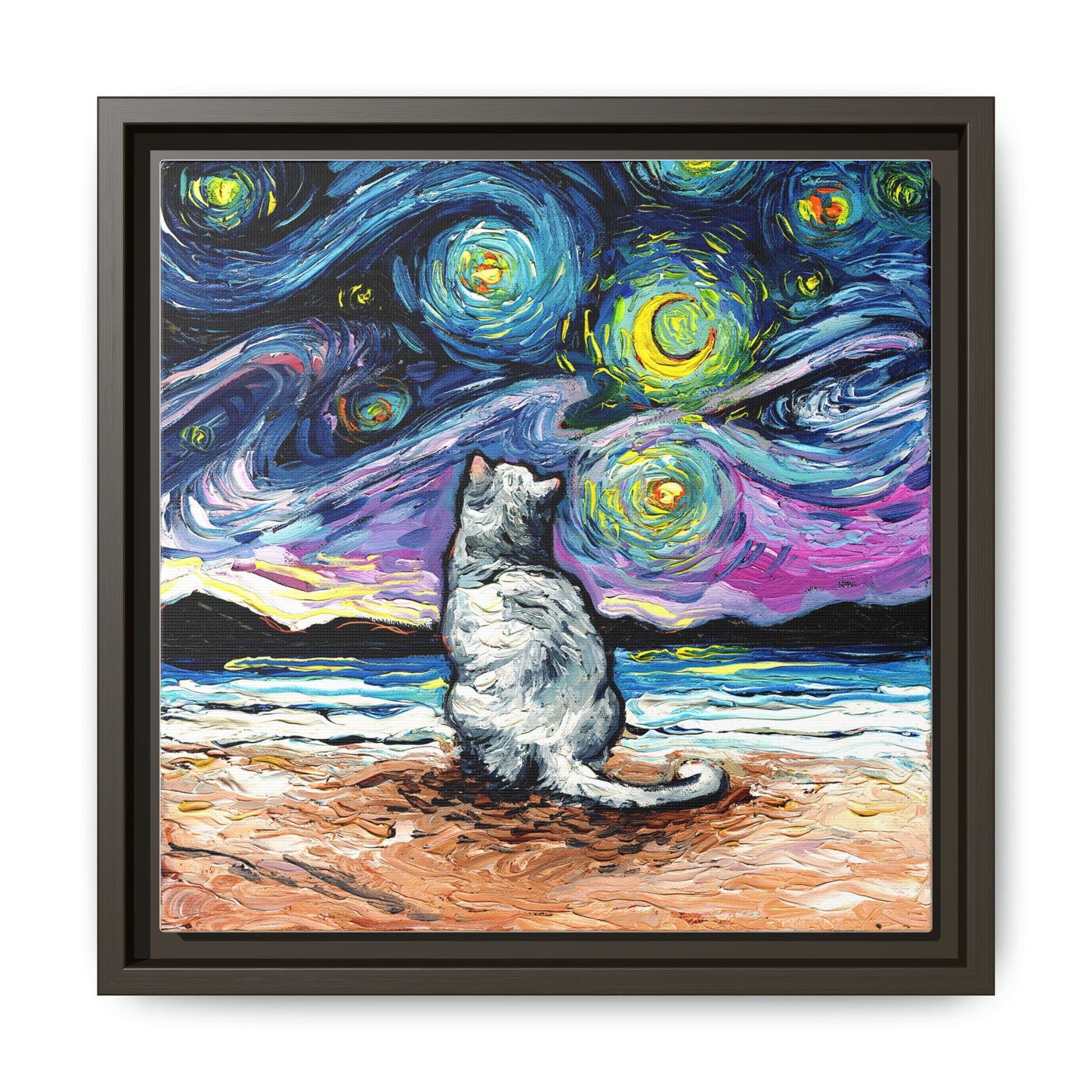 "White Cat Night 2" Framed Canvas Wall Art