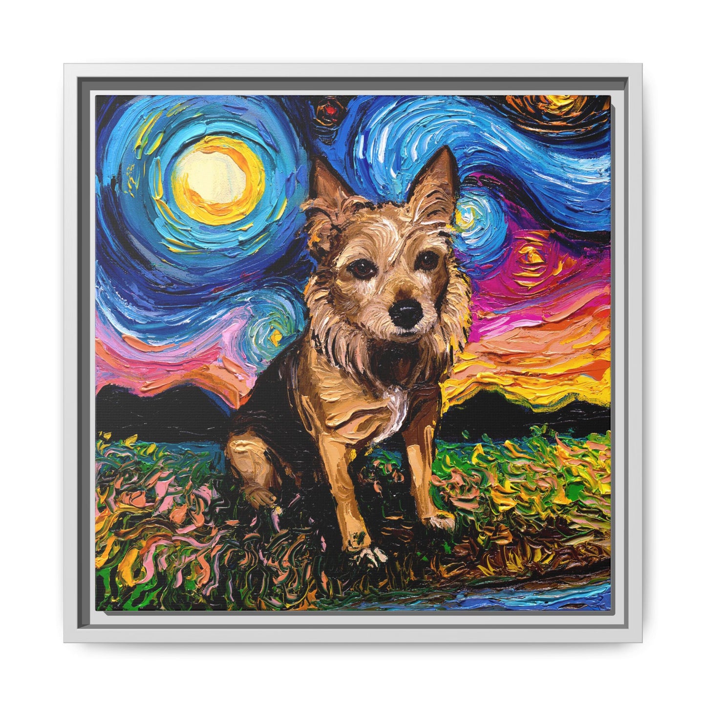 "Australian Terrier Night" Framed Canvas Wall Art