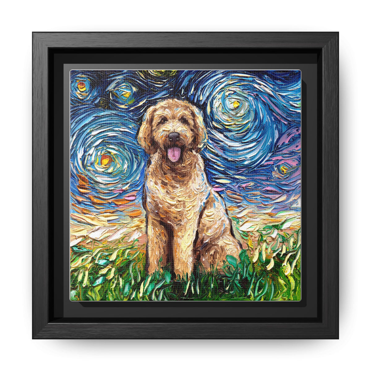 "Goldendoodle Night" Framed Canvas Wall Art