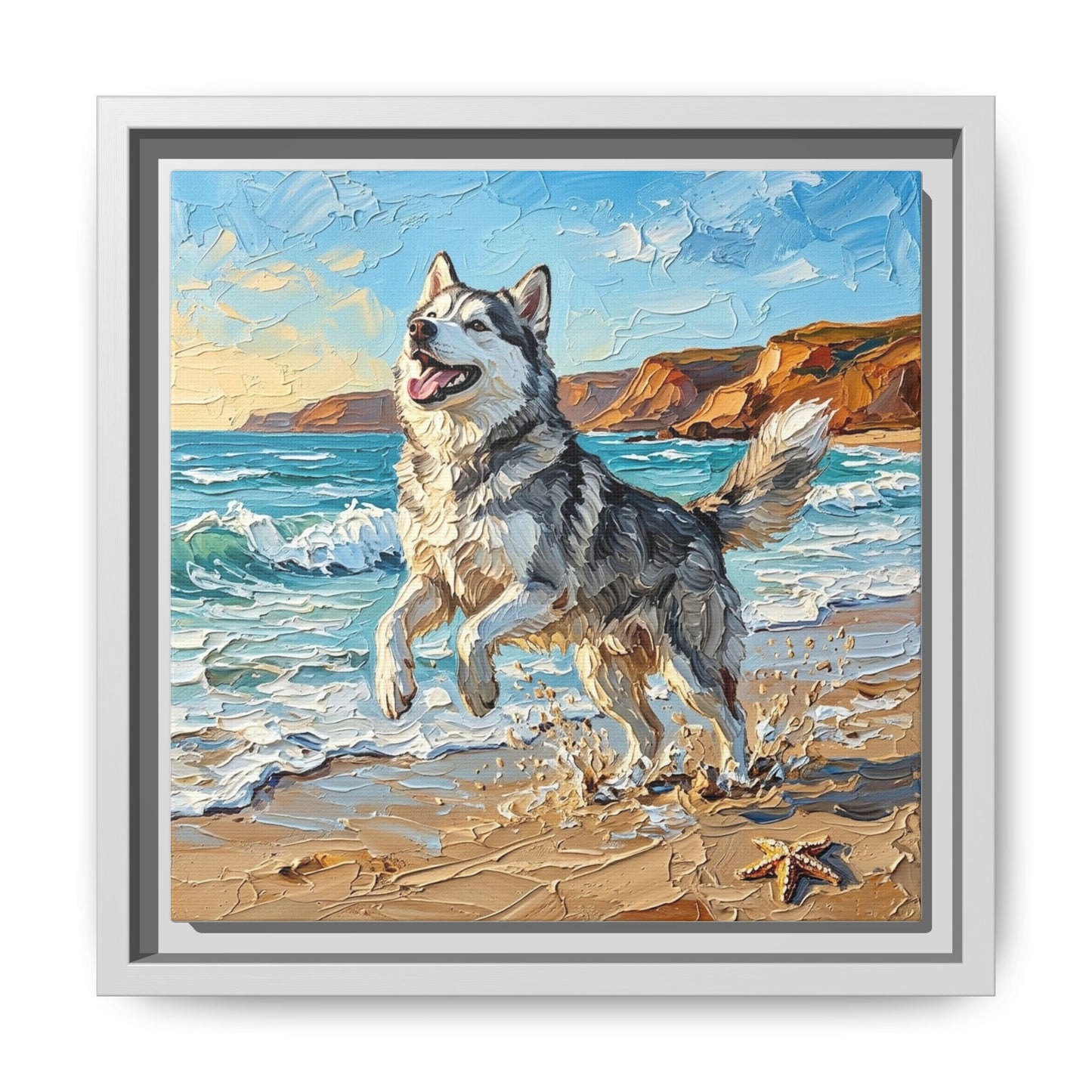 "Beach Day - Husky" Framed Canvas Wall Art