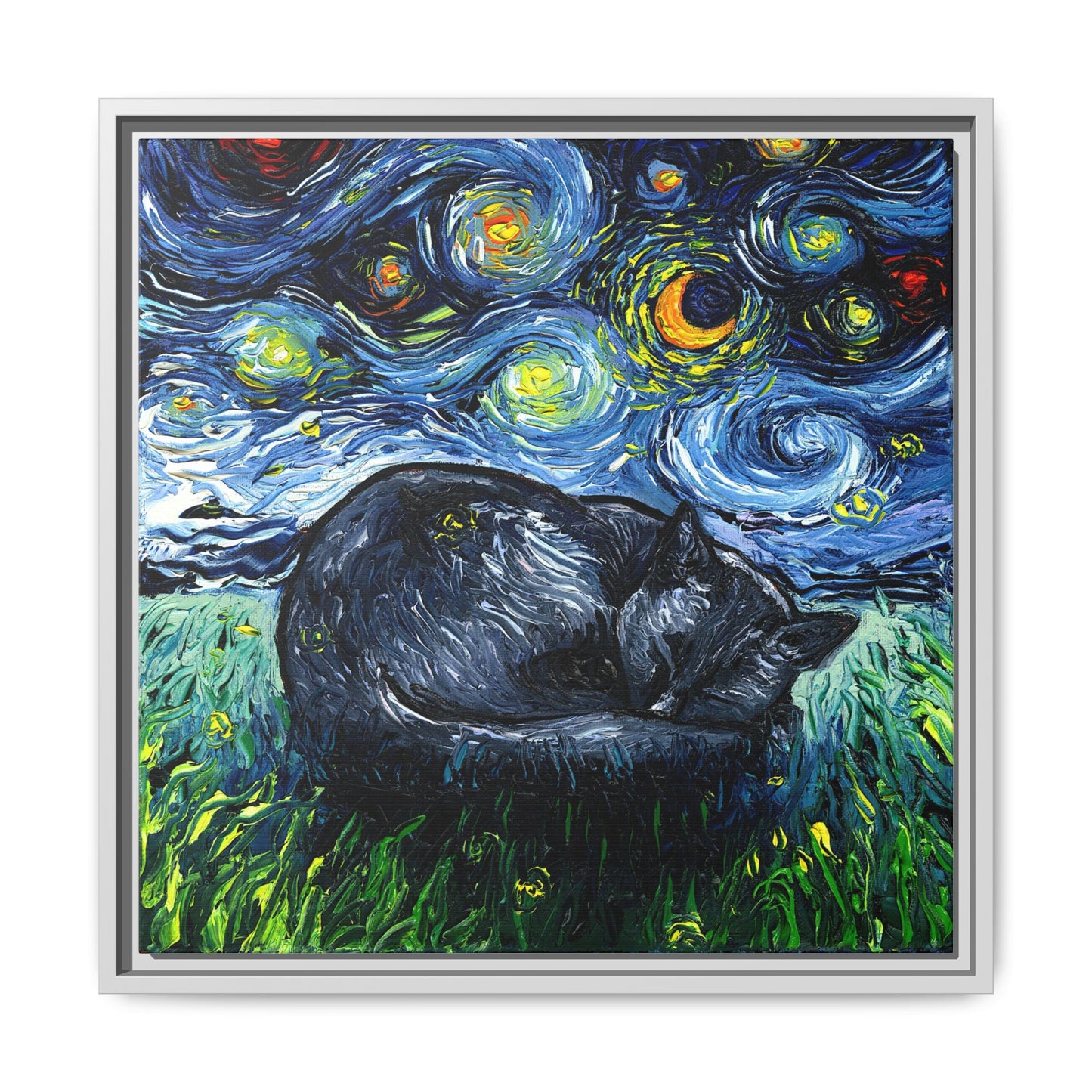 "Sleepy Black Cat Night" Framed Canvas Wall Art