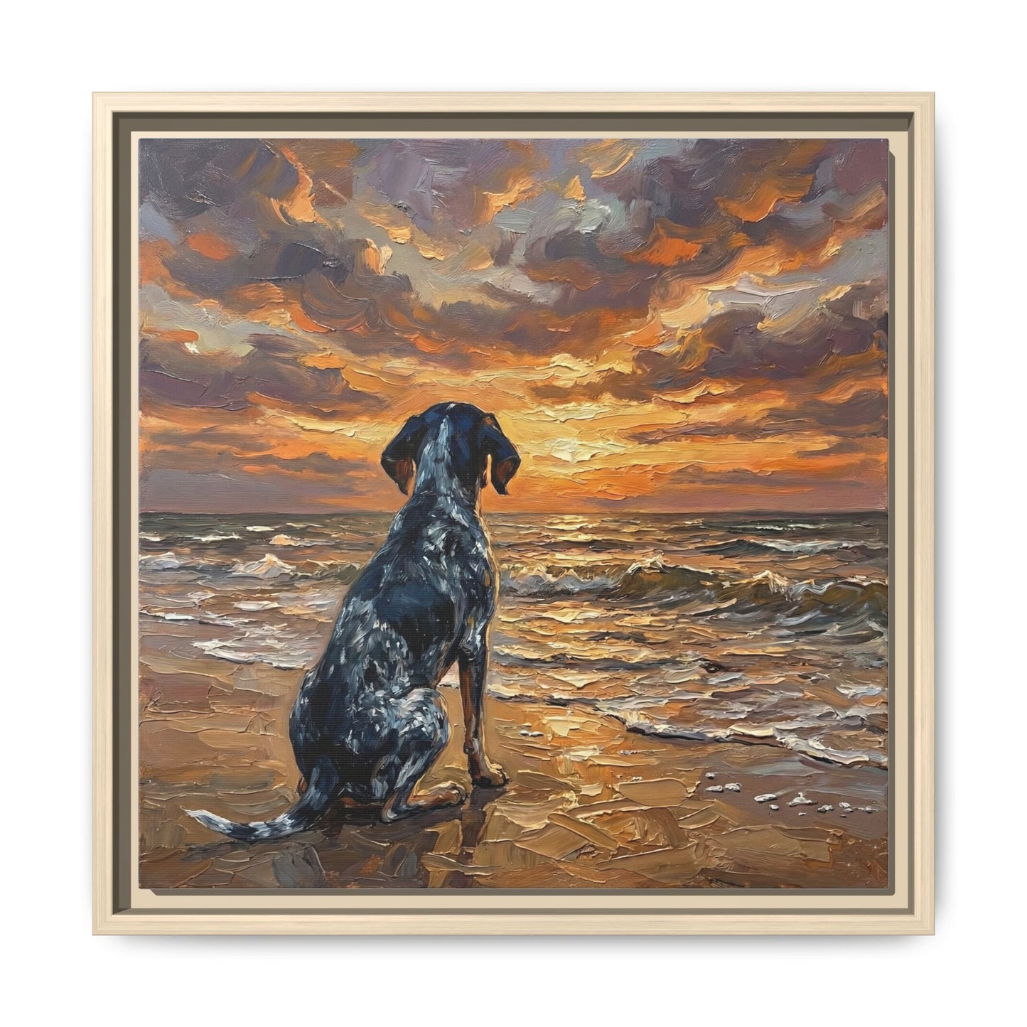 "Beach Day - Blue Tick Coonhound" Framed Canvas Wall Art