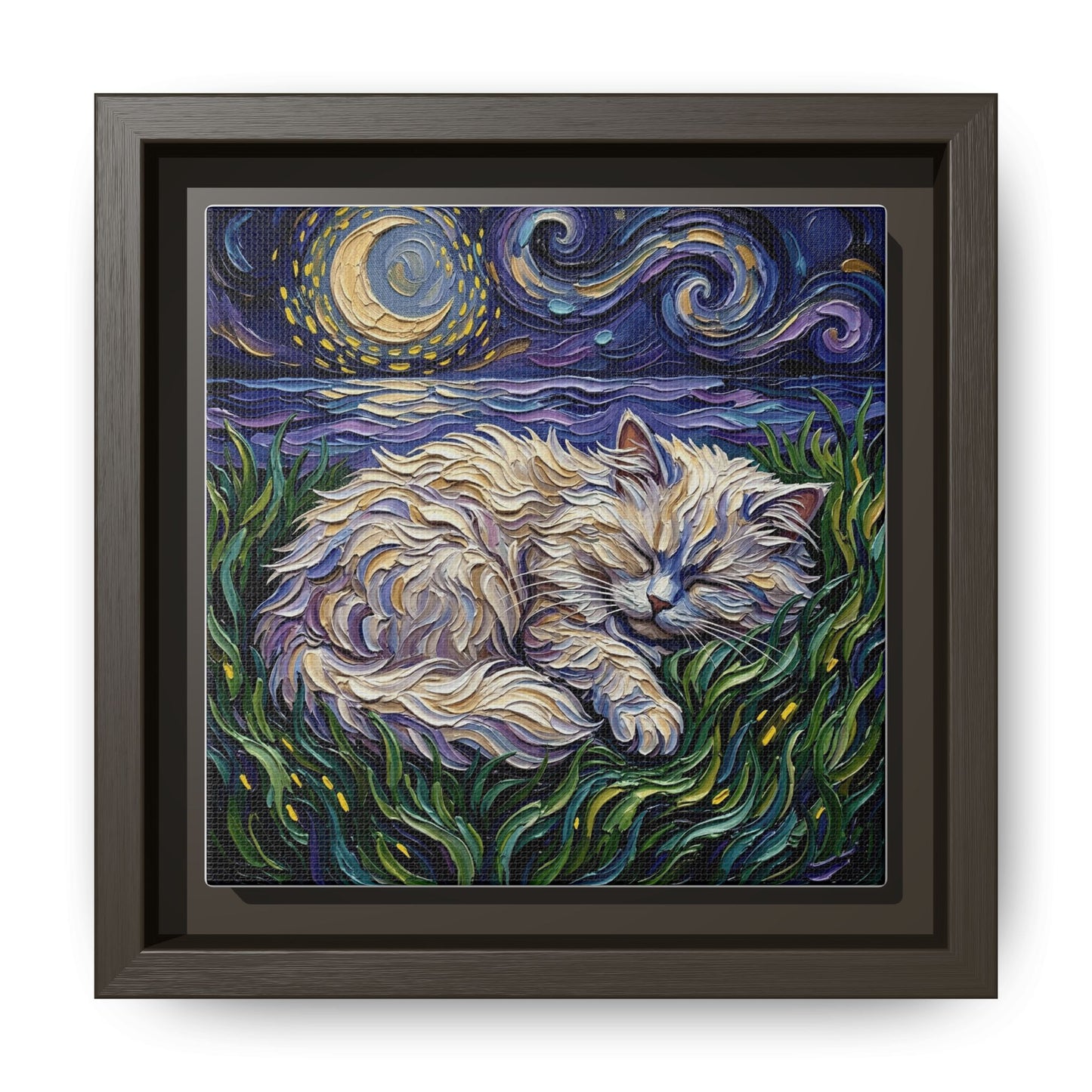 "Sleepy White Persian Night" Framed Canvas Wall Art