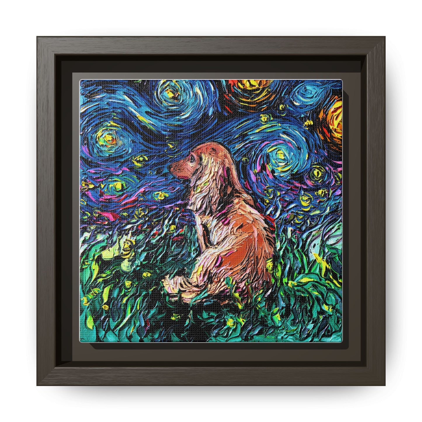 "Long Haired Brown Dachshund Night" Framed Canvas Wall Art