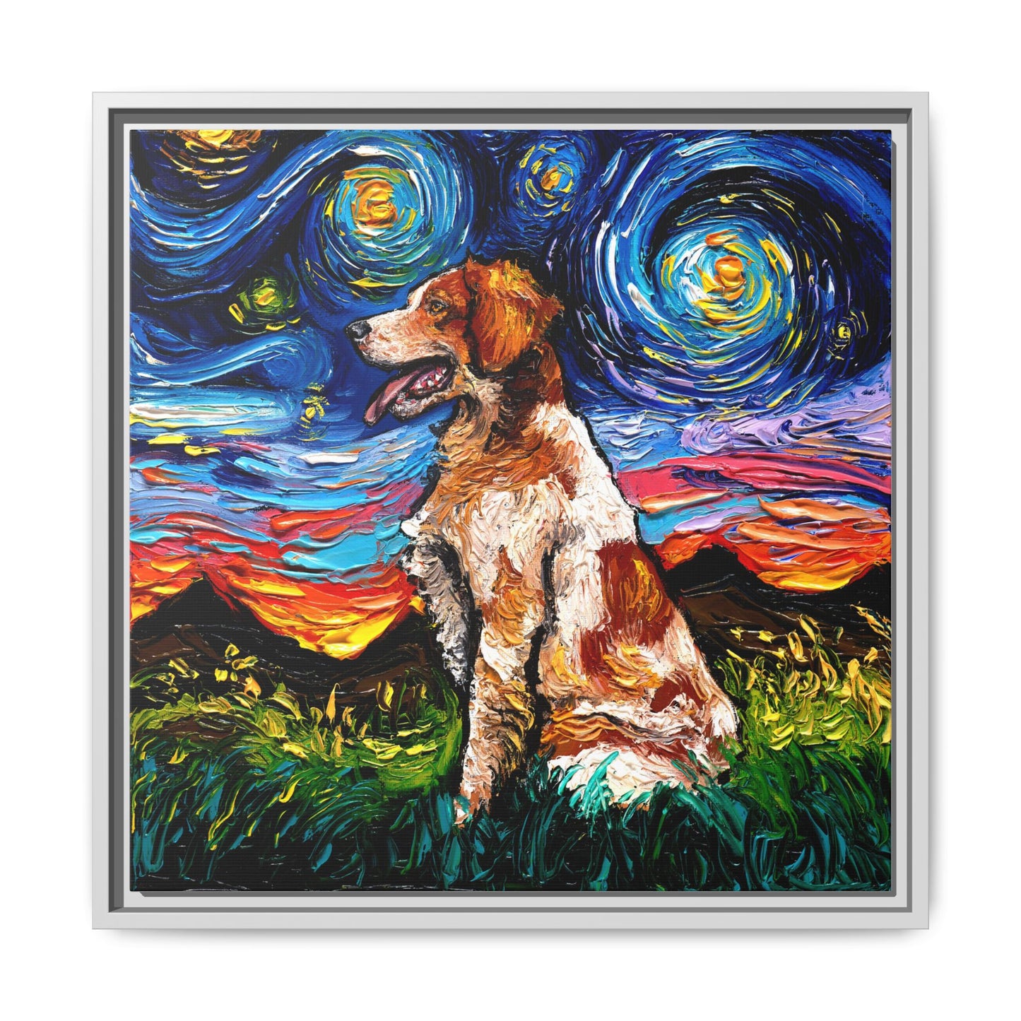 "Brittany Spaniel Night" Framed Canvas Wall Art