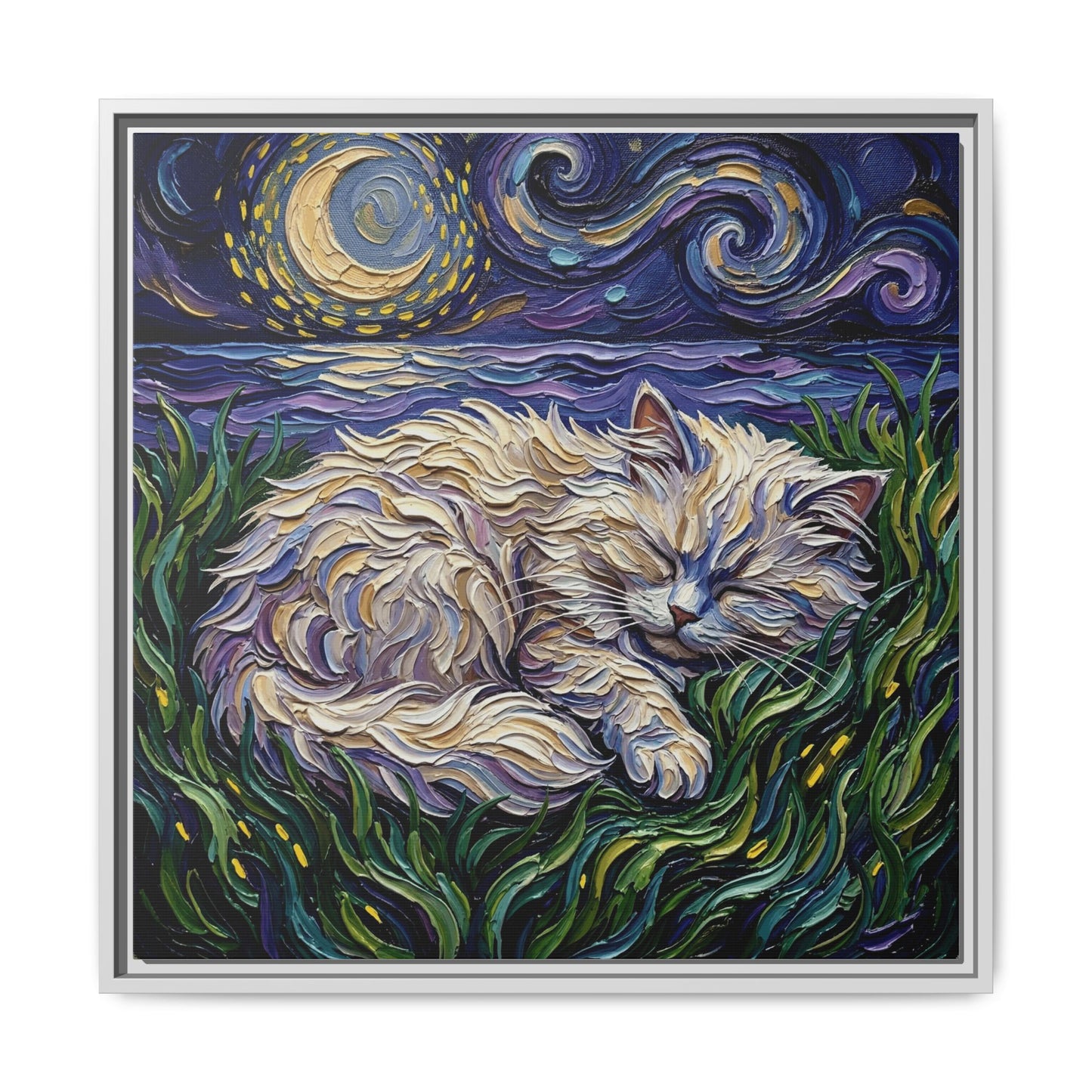 "Sleepy White Persian Night" Framed Canvas Wall Art