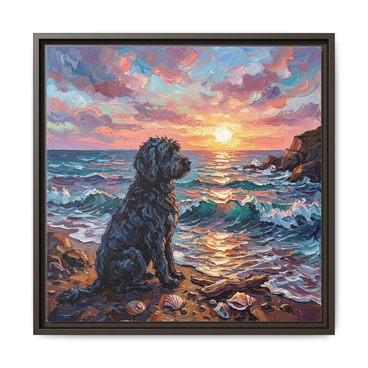 "Beach Days - Portuguese Water Dog" Framed Canvas Wall Art