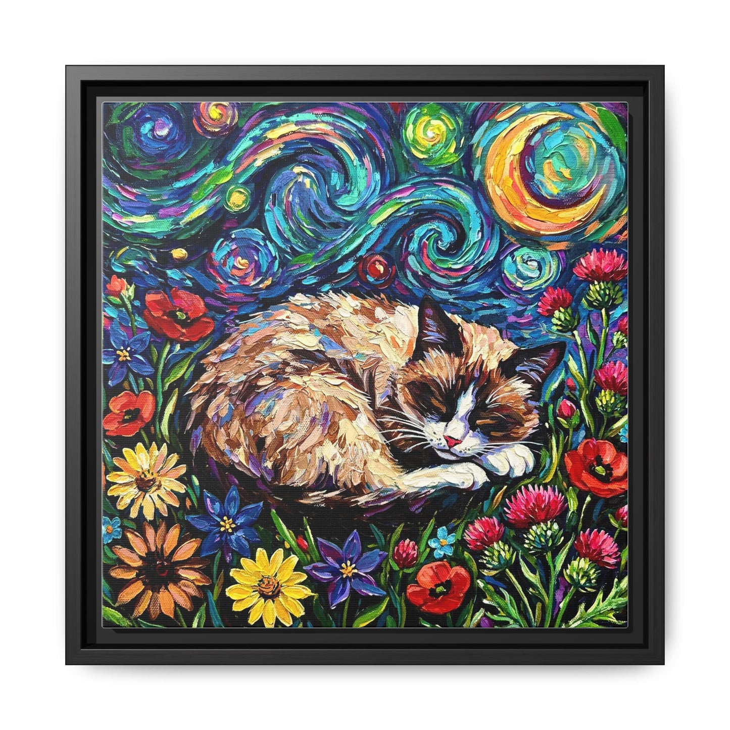 "Sleepy Snowshoe Cat Night" Framed Canvas Wall Art