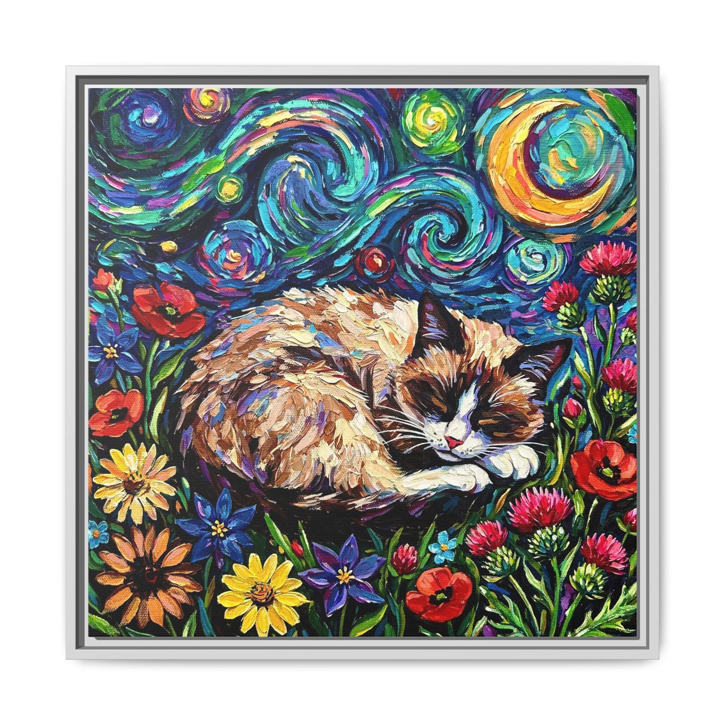 "Sleepy Snowshoe Cat Night" Framed Canvas Wall Art