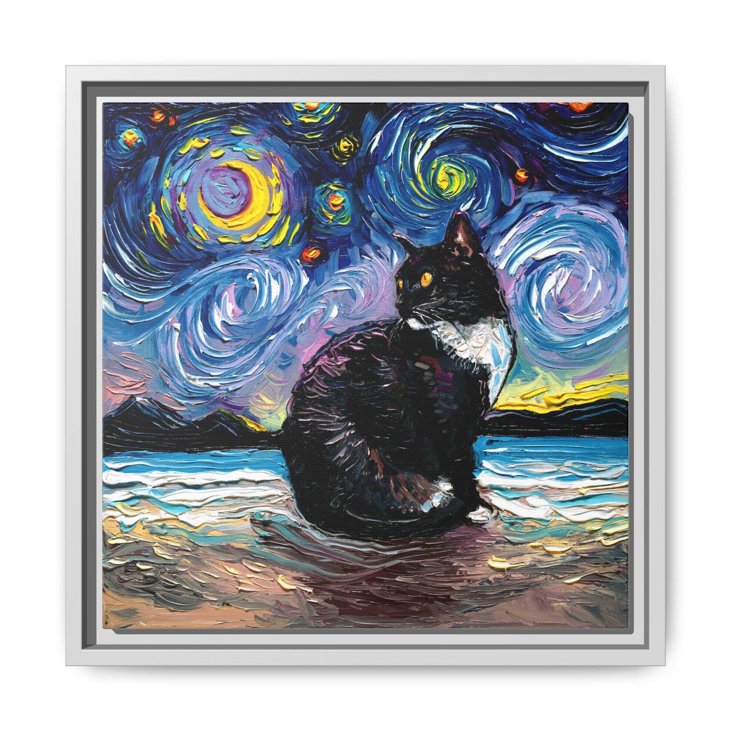 "Tuxedo Cat Night 2" Framed Canvas Wall Art
