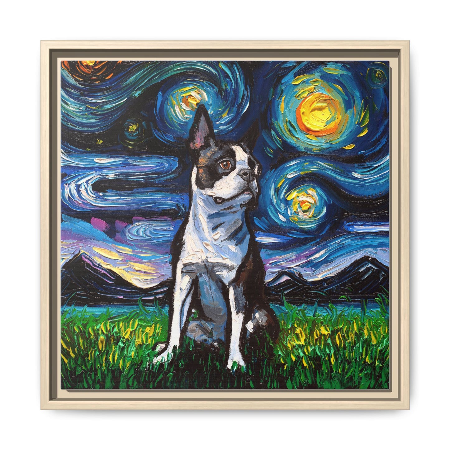 "Boston Terrier Night" Framed Canvas Wall Art