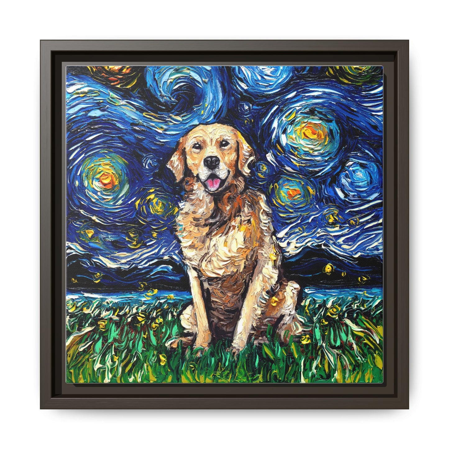 "Golden Retriever Night" Framed Canvas Wall Art