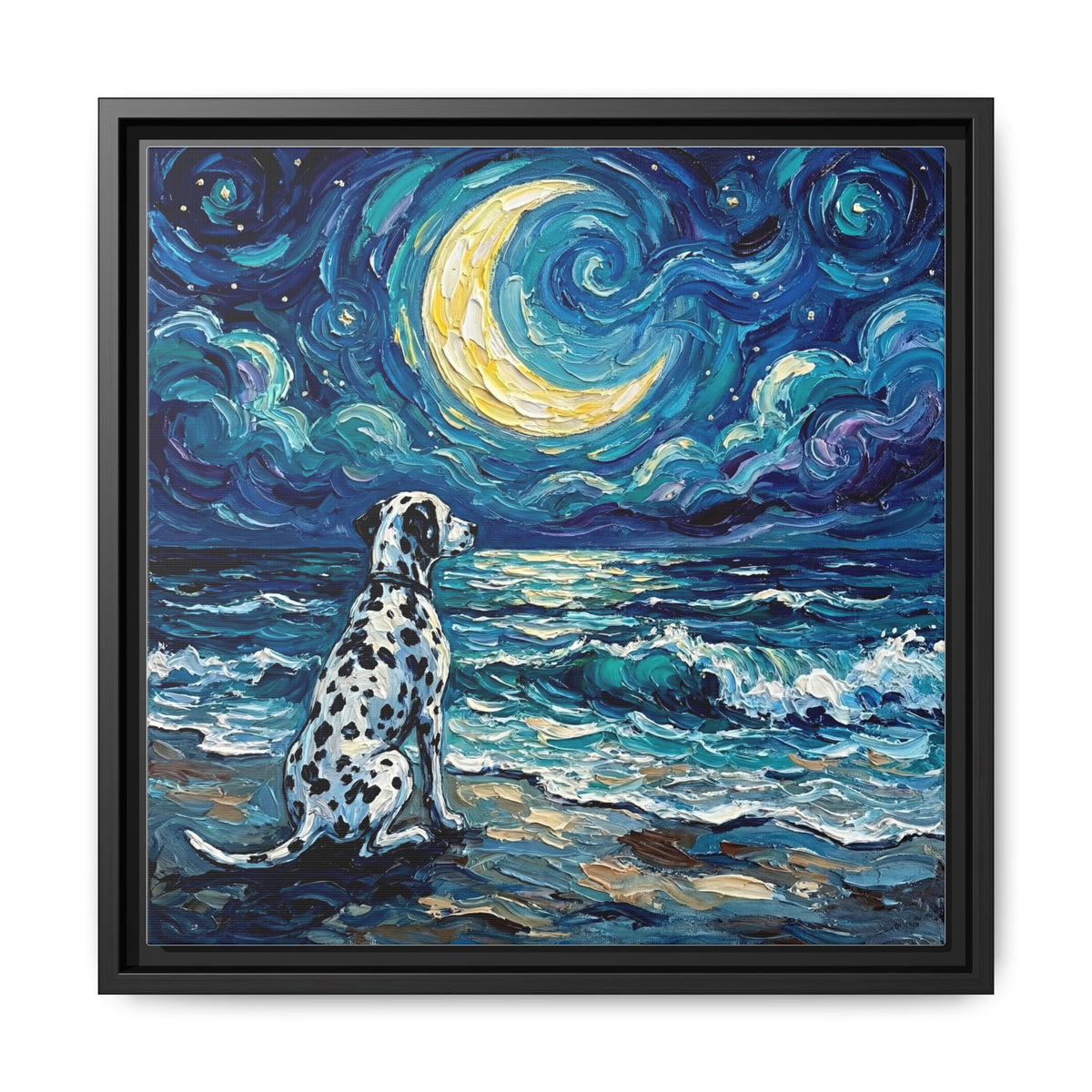 "Beach Night - Dalmatian" Framed Canvas Wall Art