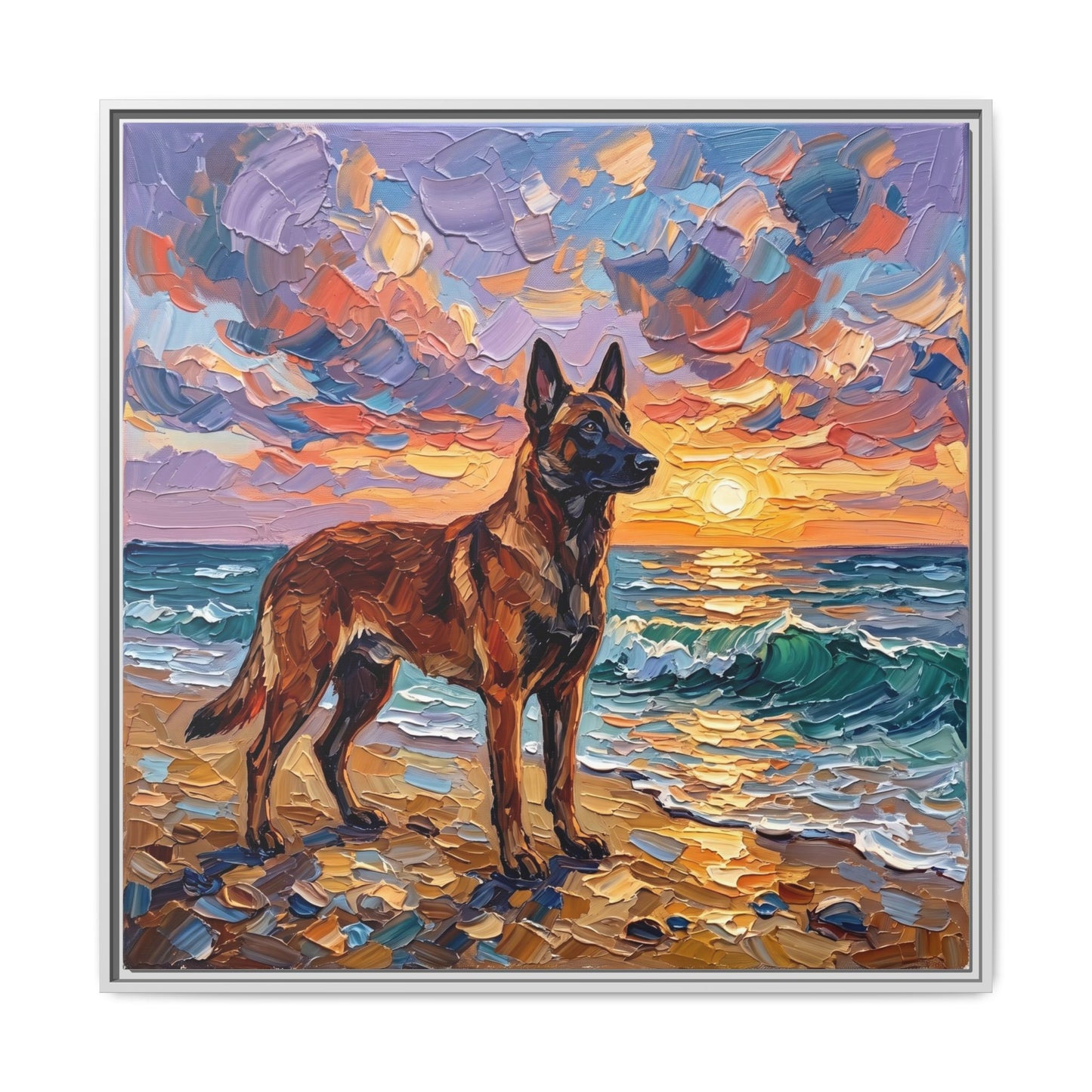 "Beach Sunset - Belgian Malinois" Framed Canvas Wall Art