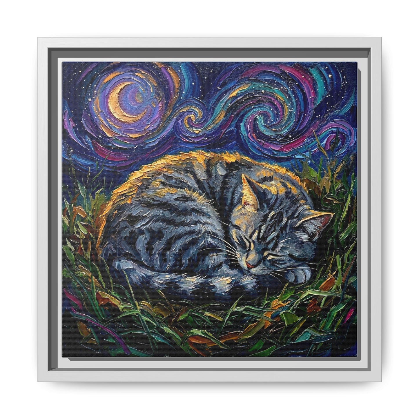 "Sleepy American Shorthair Tabby Night" Framed Canvas Wall Art