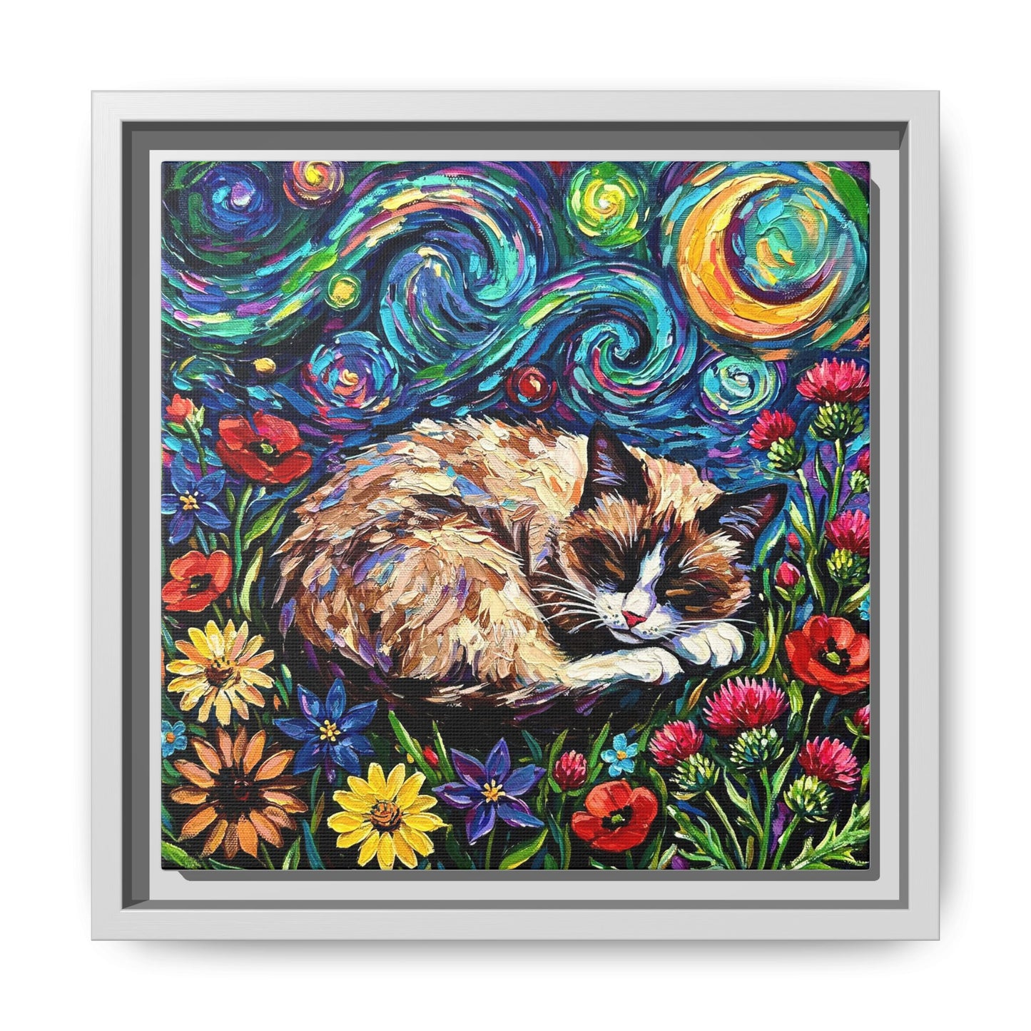"Sleepy Snowshoe Cat Night" Framed Canvas Wall Art