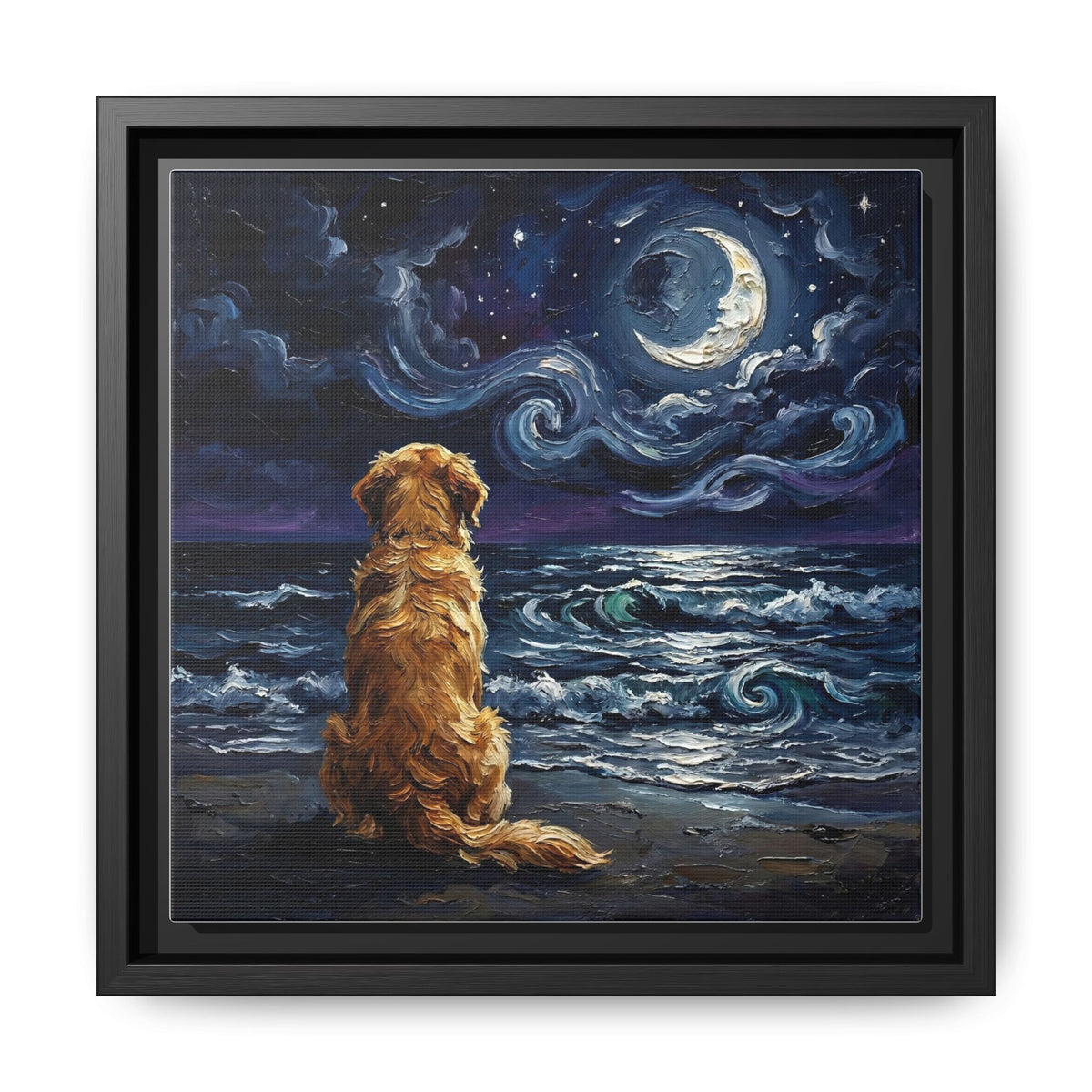 "Beach Night - Golden Retriever" Framed Canvas Wall Art