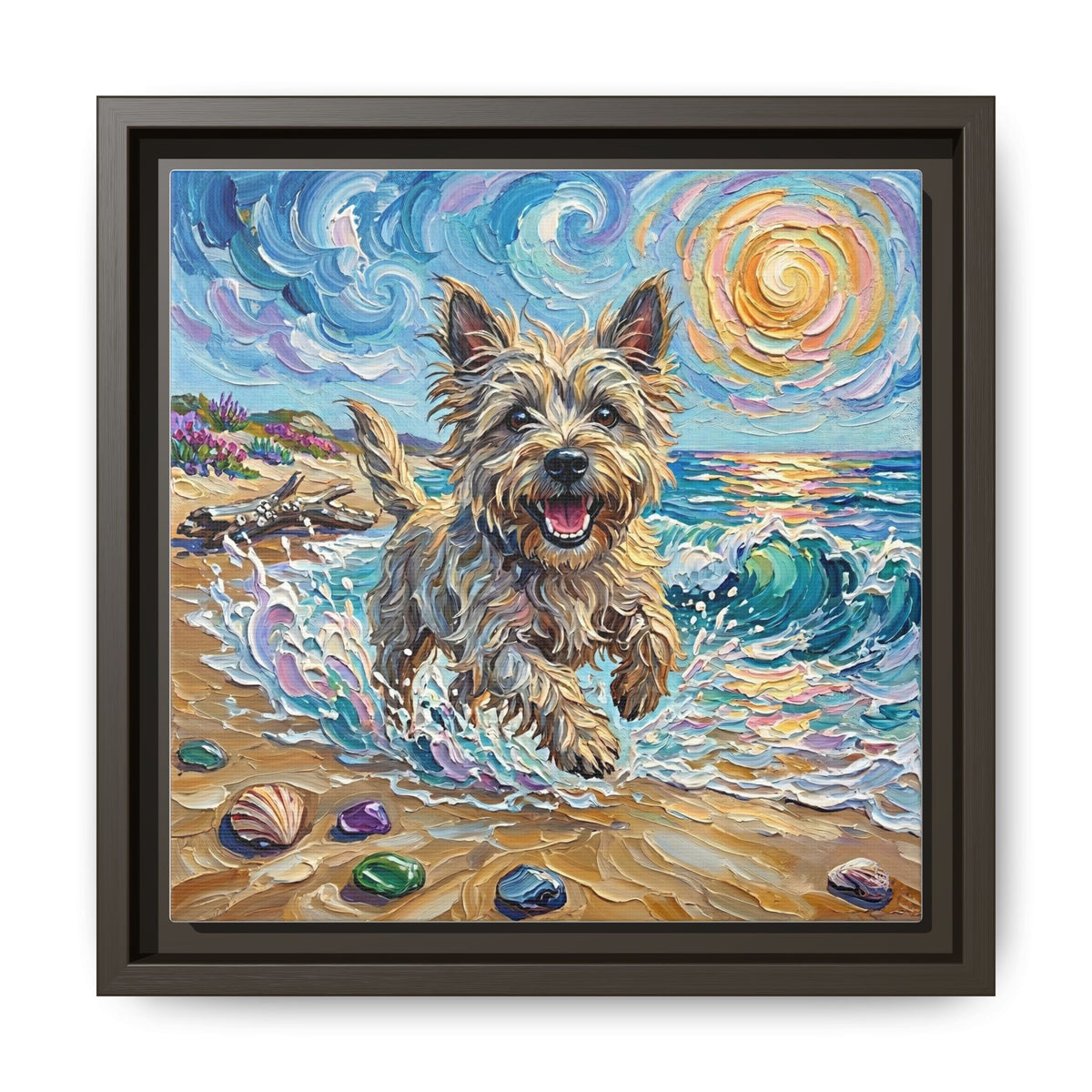 "Beach Days - Cairn Terrier" Framed Canvas Wall Art
