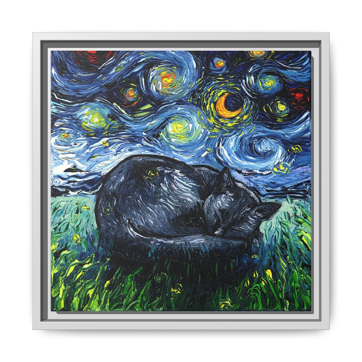"Sleepy Black Cat Night" Framed Canvas Wall Art
