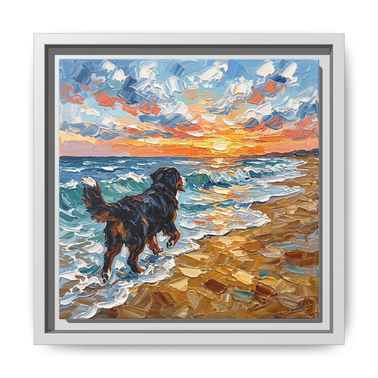 "Beach Day - Frolicking Bernese Mountain Dog" Framed Canvas Wall Art