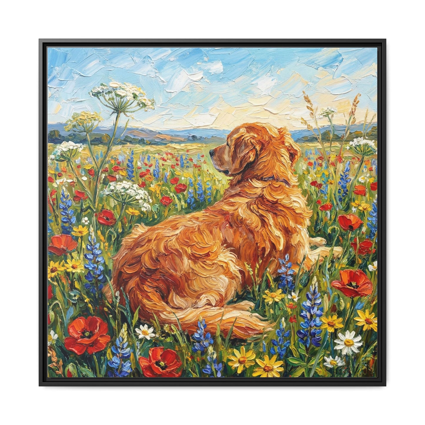 "Amongst The Flowers - Golden Retriever" Framed Canvas Wall Art