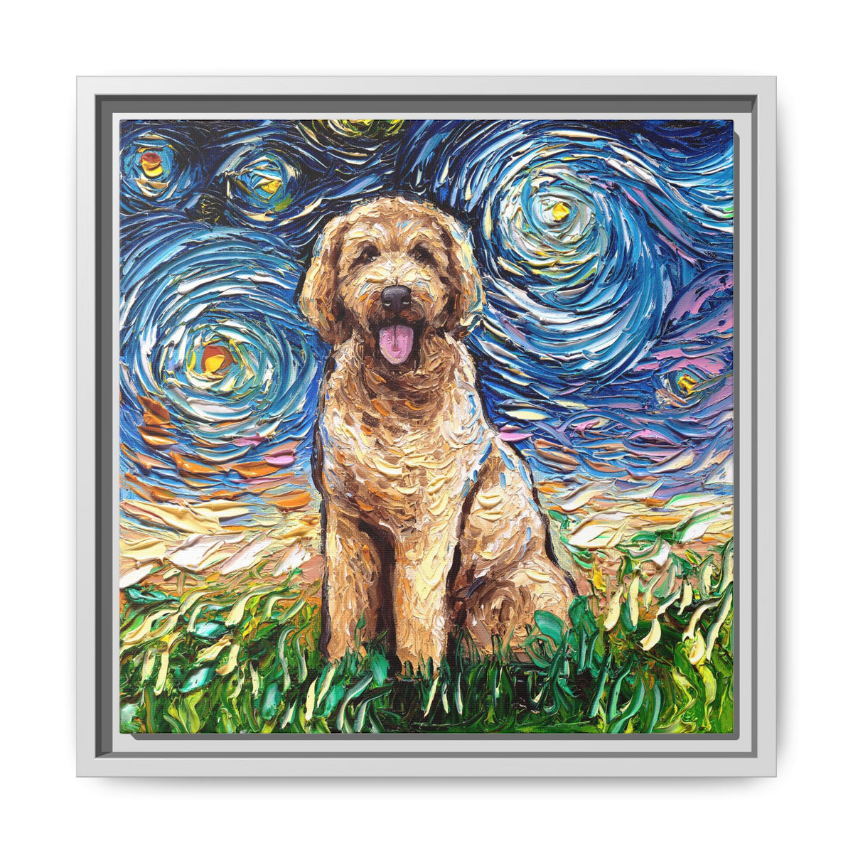 "Goldendoodle Night" Framed Canvas Wall Art