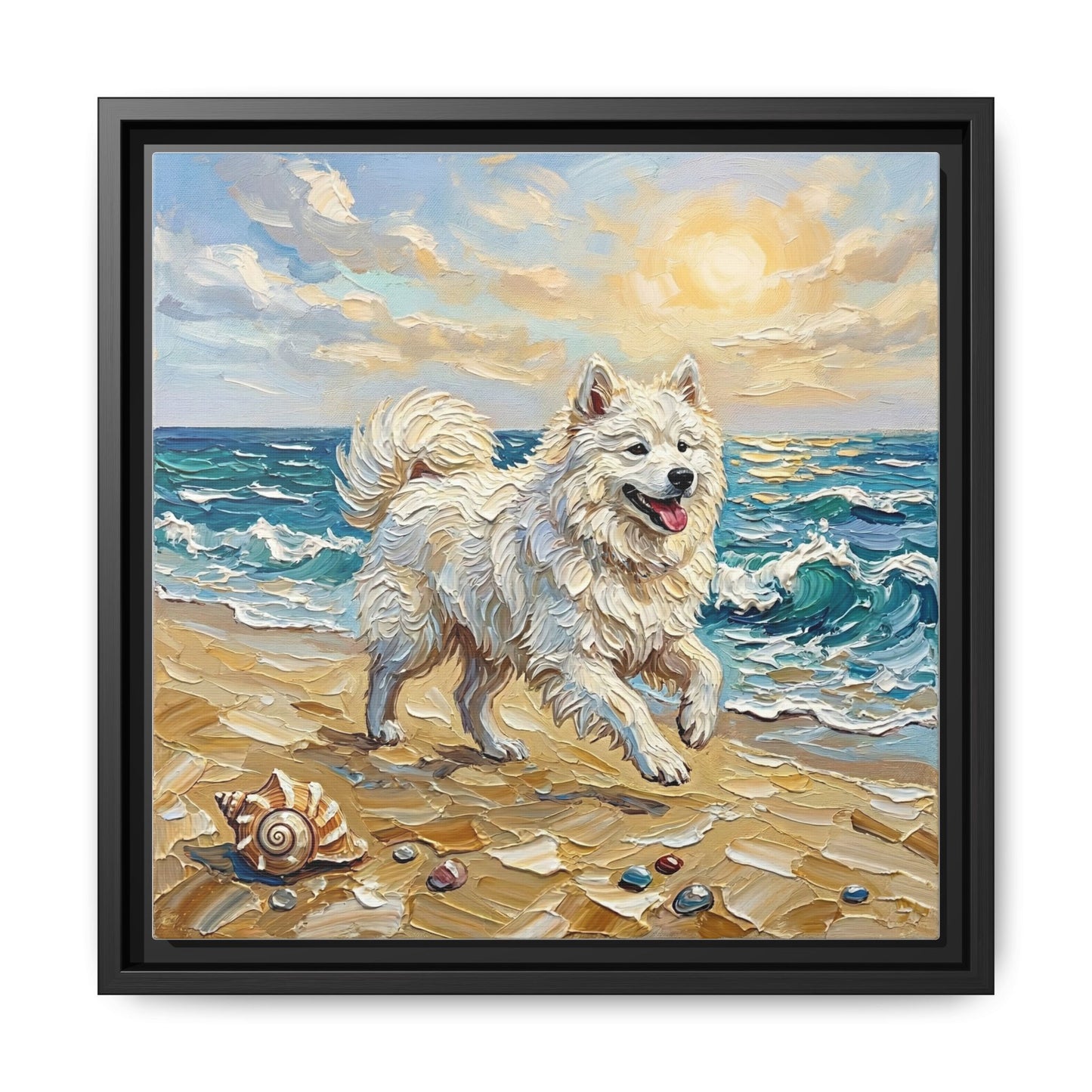 "Beach Day - Samoyed" Framed Canvas Wall Art