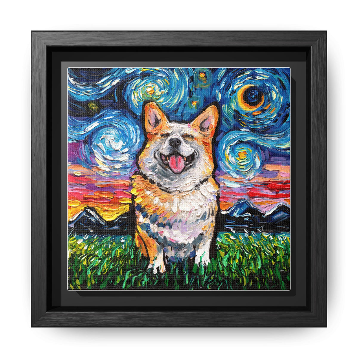 "Smiling Corgi Night" Framed Canvas Wall Art