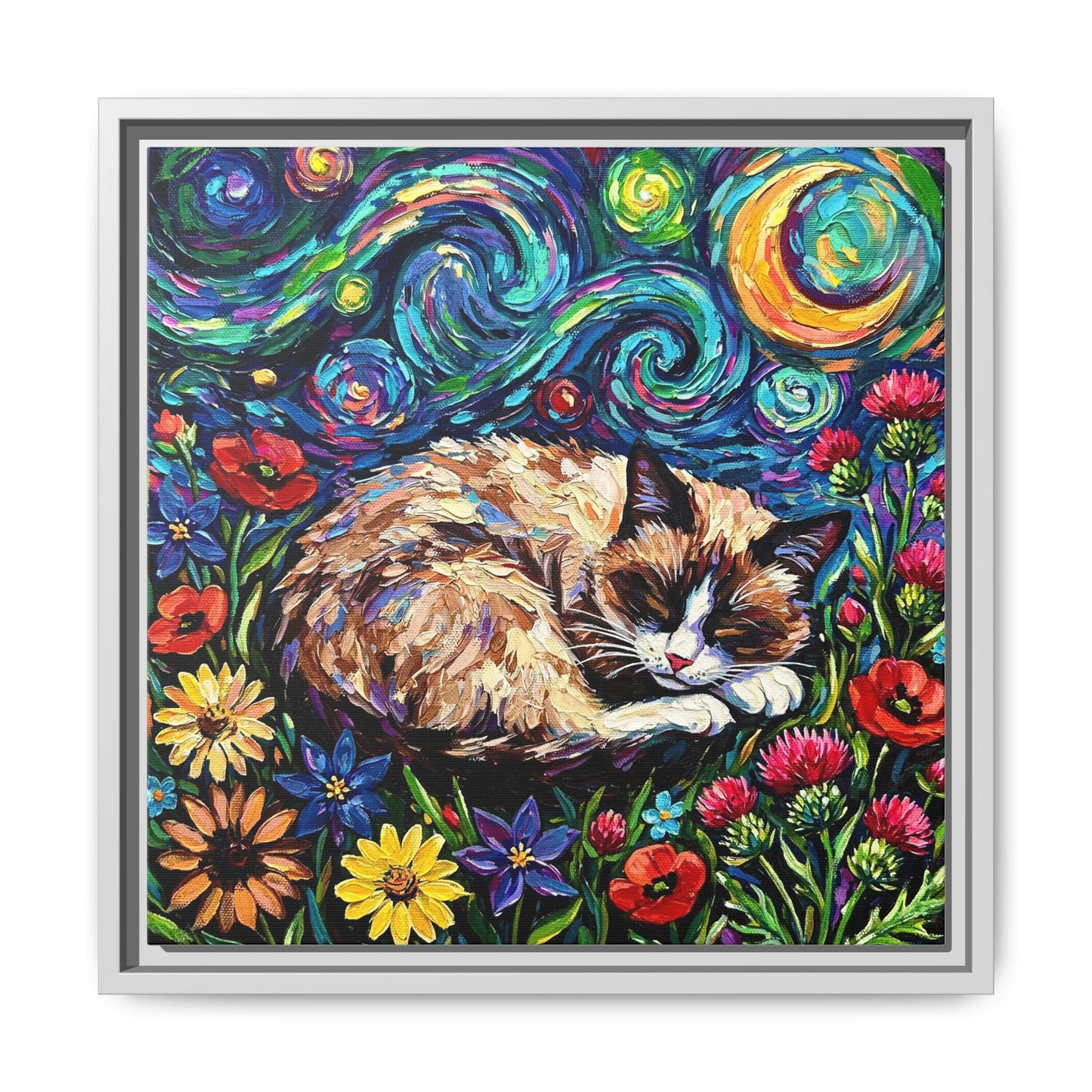 "Sleepy Snowshoe Cat Night" Framed Canvas Wall Art