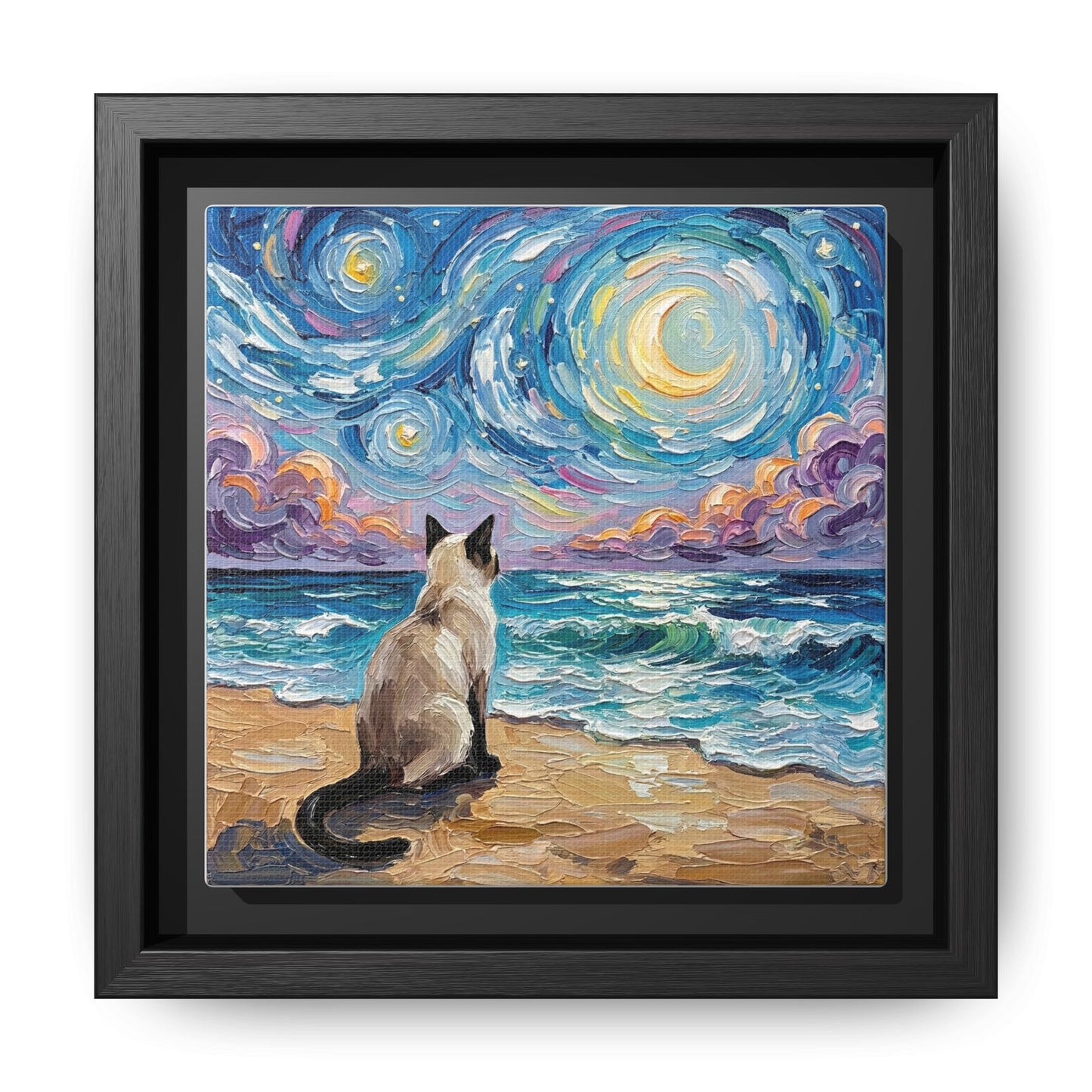 "Beach Night - Siamese Cat" Framed Canvas Wall Art