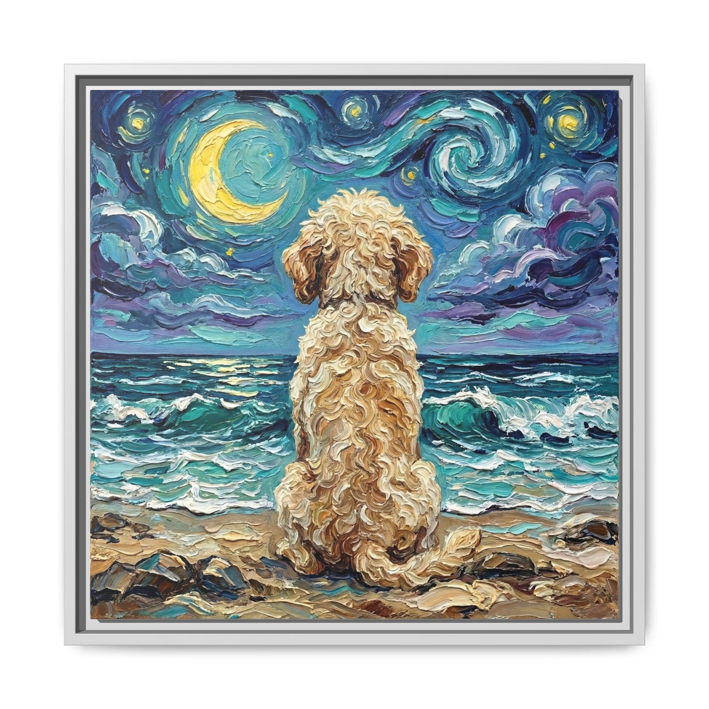 "Beach Nights - Goldendoodle" Framed Canvas Wall Art