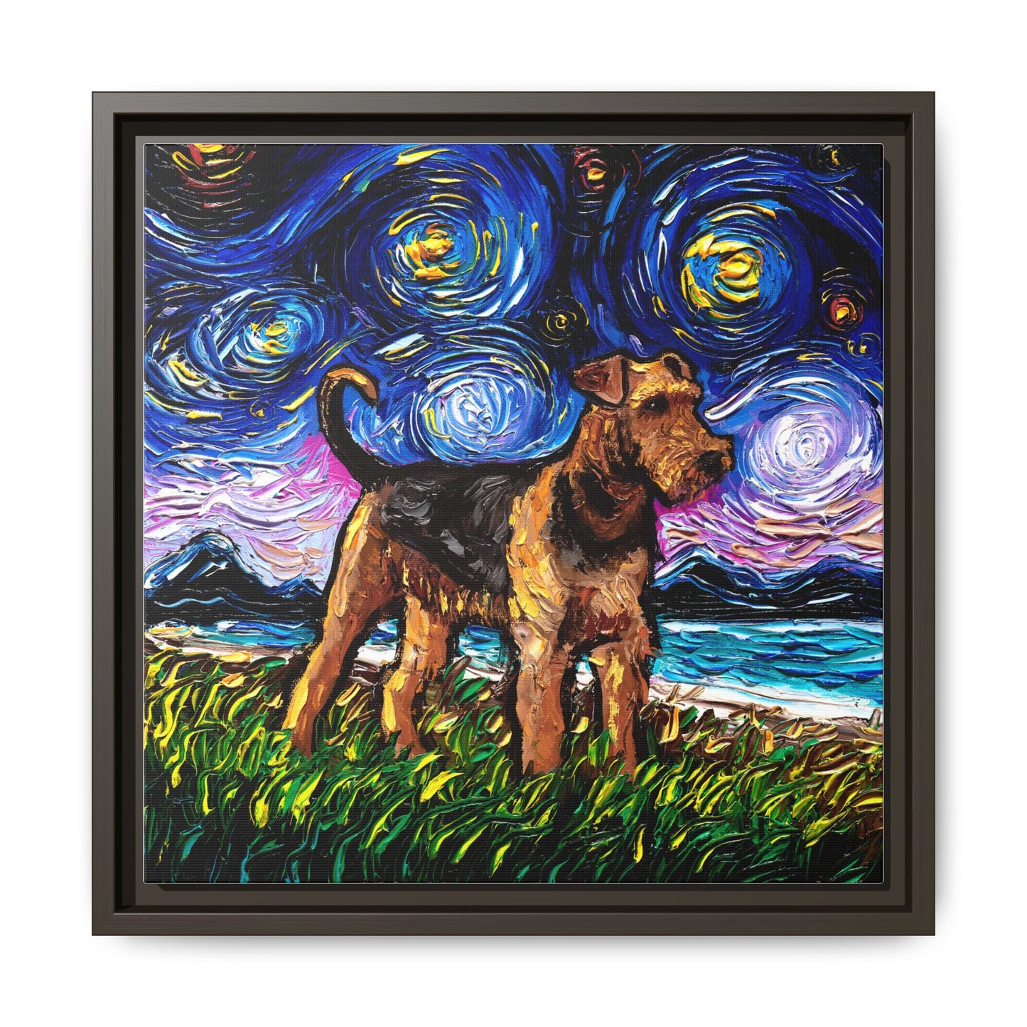 "Airedale Terrier Night" Framed Canvas Wall Art
